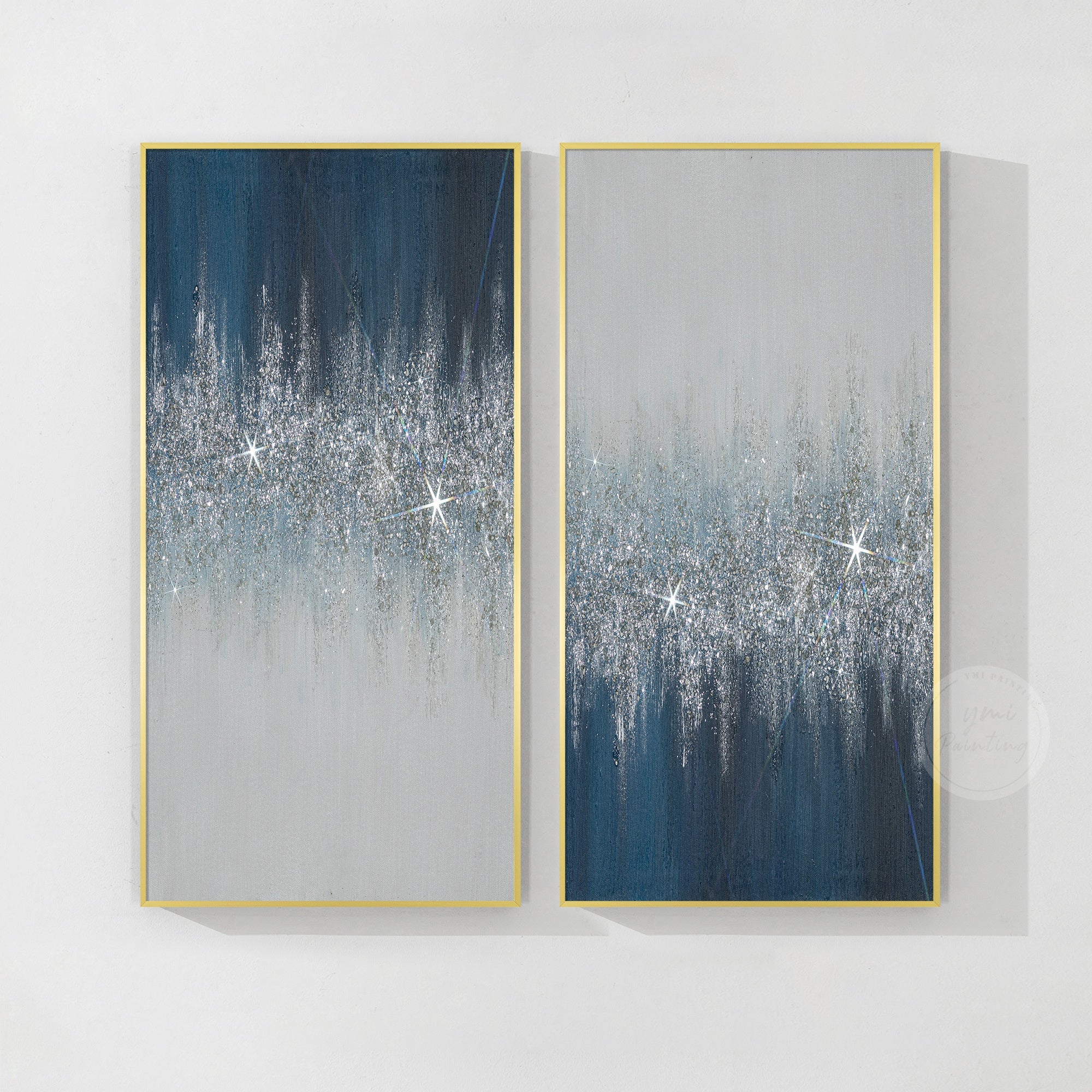 Unique navy glitter artwork with sparkling silver details and textured abstract design for modern home decor