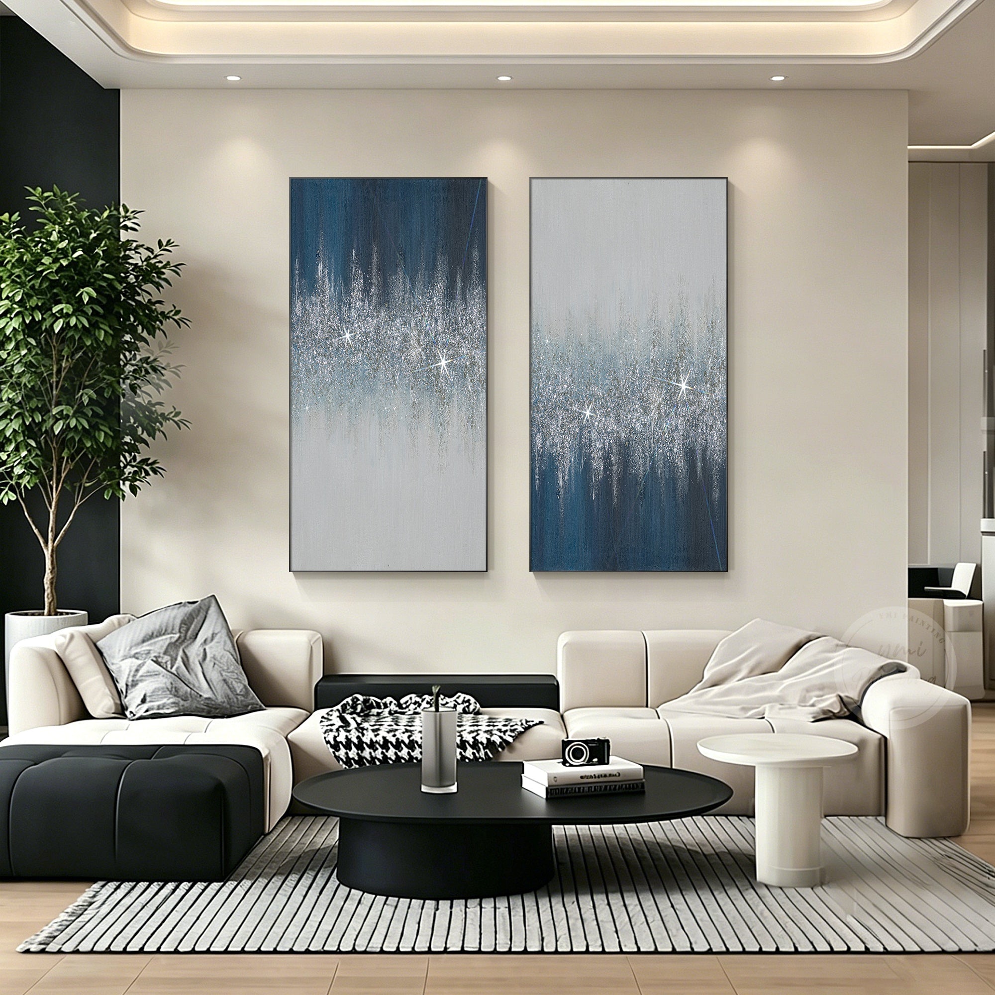 Handmade navy and silver glitter wall art featuring shimmering details and elegant crushed glass texture