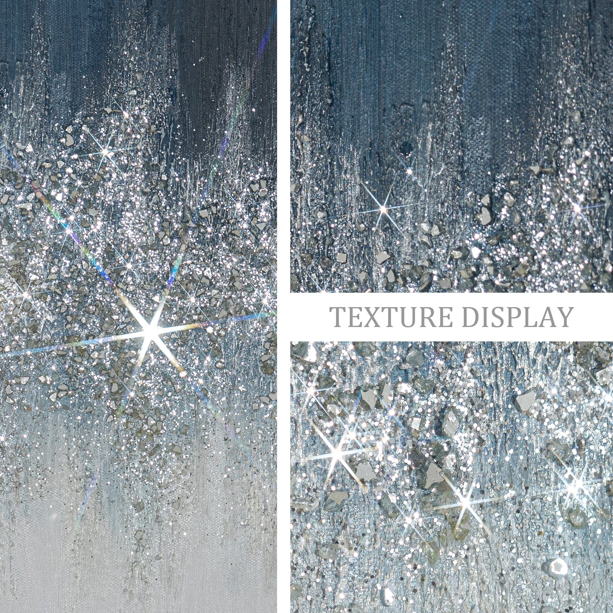 Contemporary navy silver glitter canvas art with sparkling texture and sophisticated abstract composition
