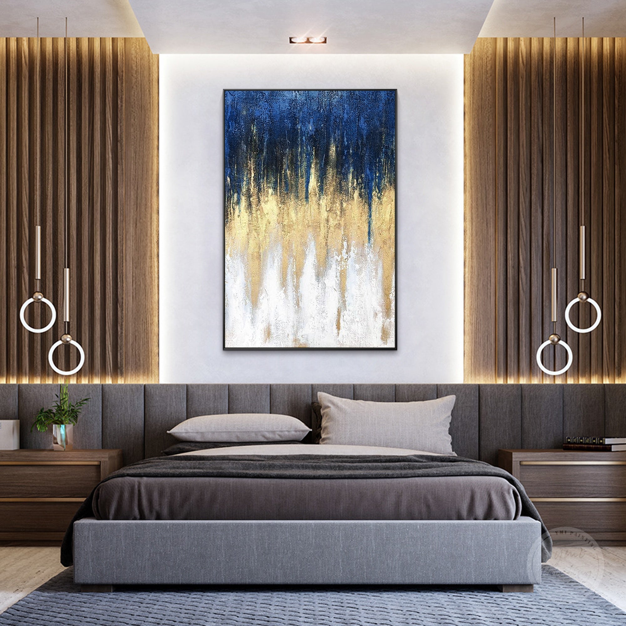 Modern abstract gold leaf painting with metallic details and sophisticated luxury interior style
