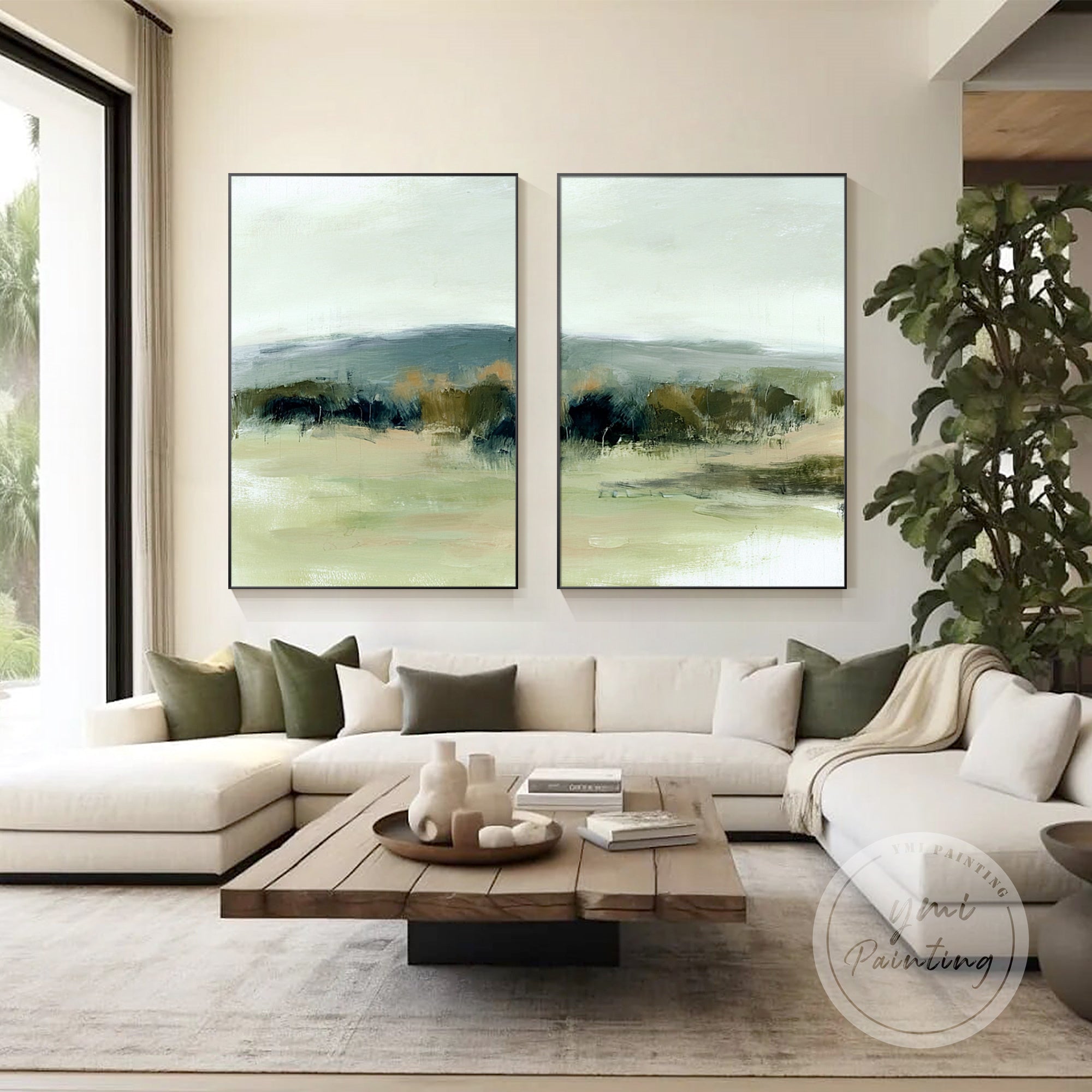 modern green abstract wall art set on white wall home decor