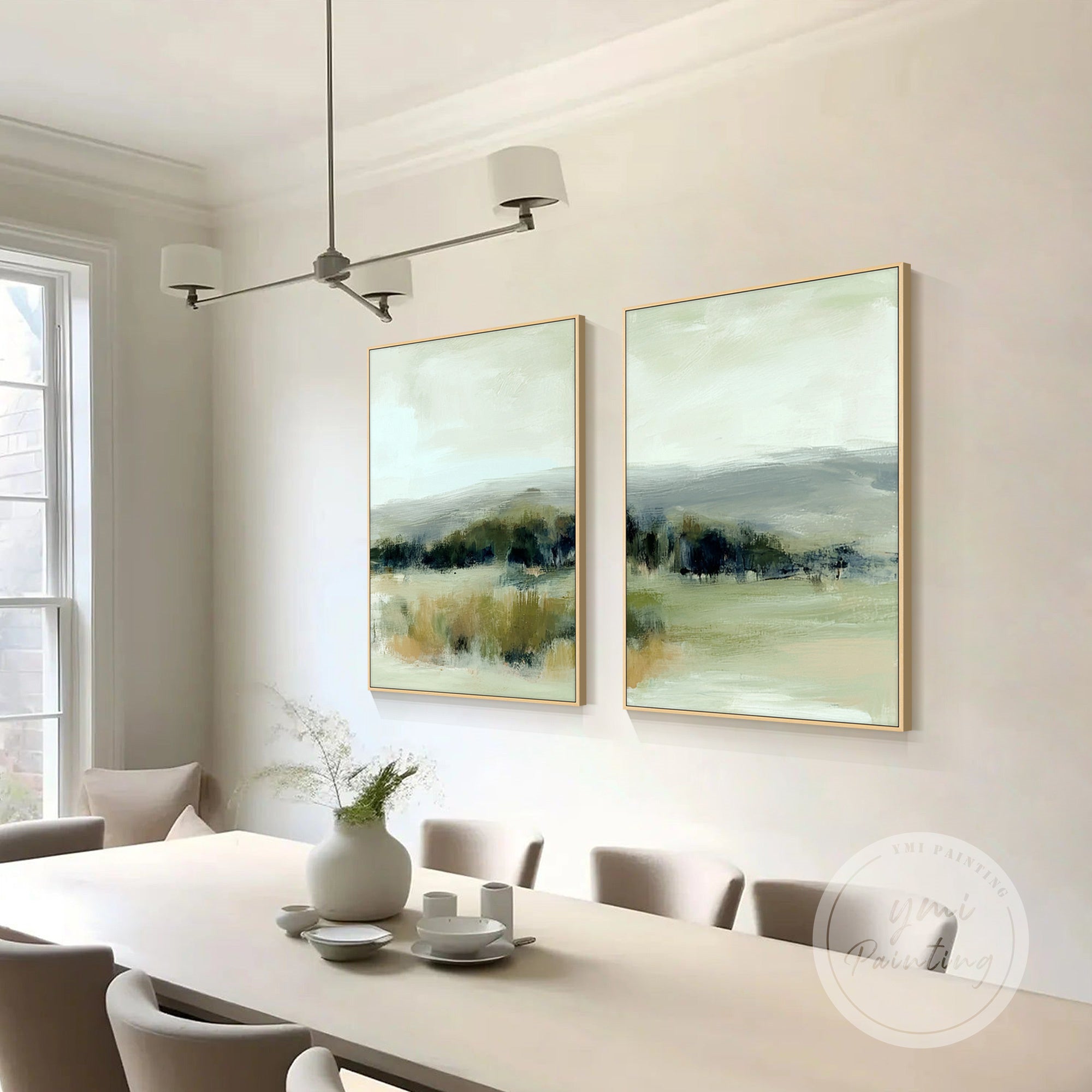 conjunto de telas de paisagem verde moderna na parede branca decoração de casa