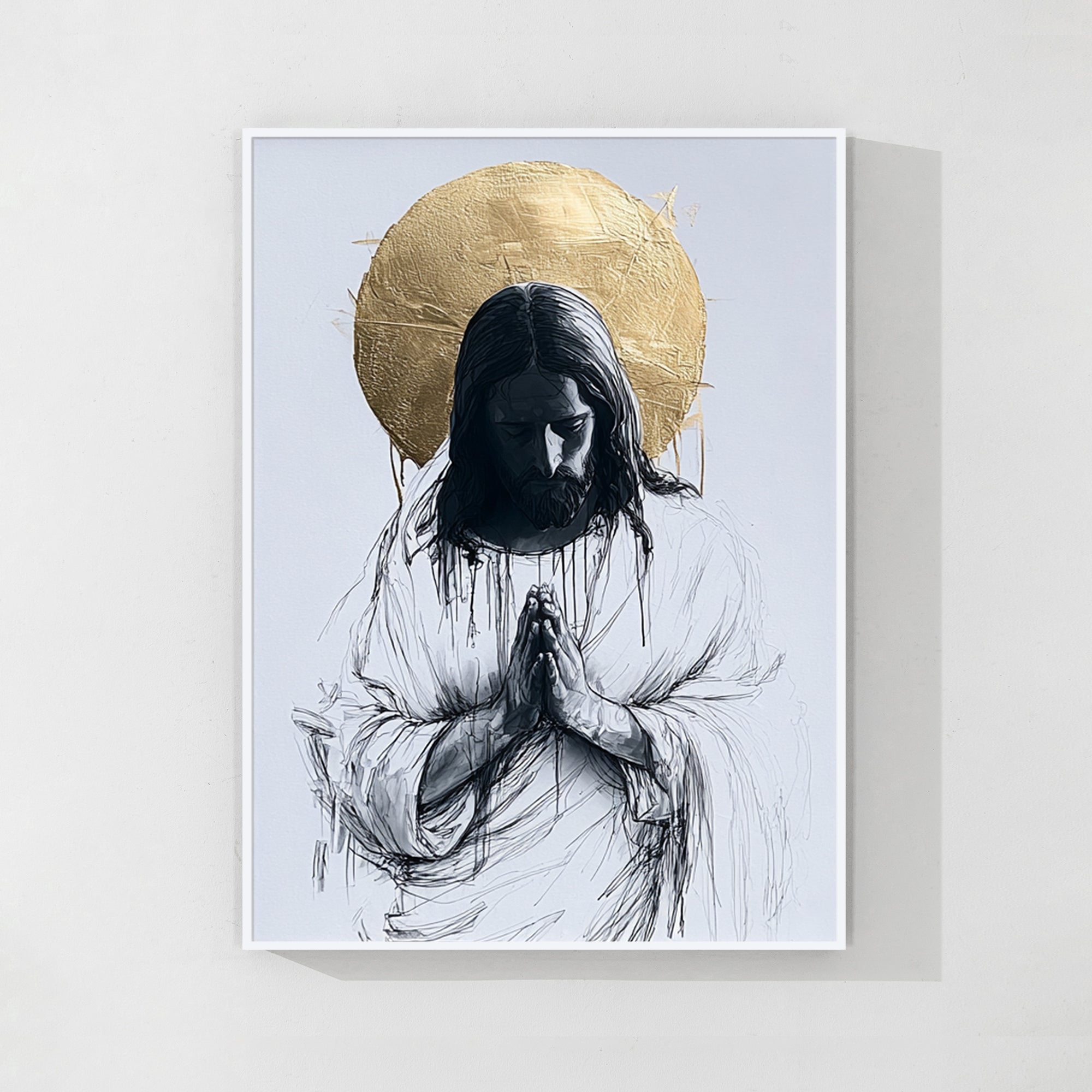 modern jesus wall art with gold halo in minimalist living room