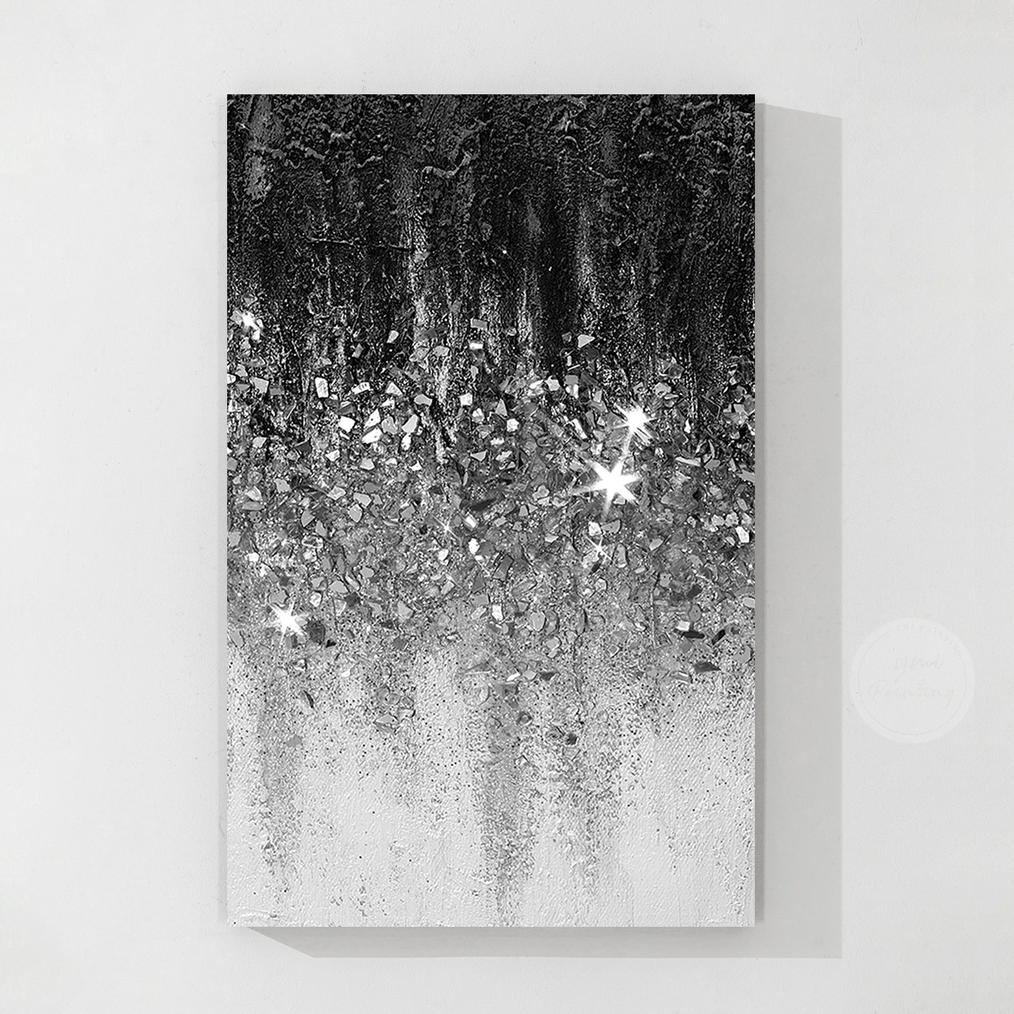 Modern abstract glitter canvas painting with crushed glass elements and elegant silver highlights