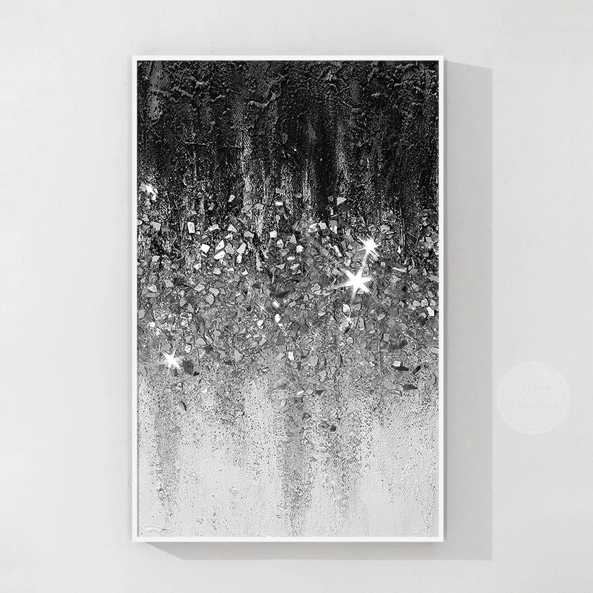 Black and white glitter wall art with silver crushed glass texture and modern luxury abstract design