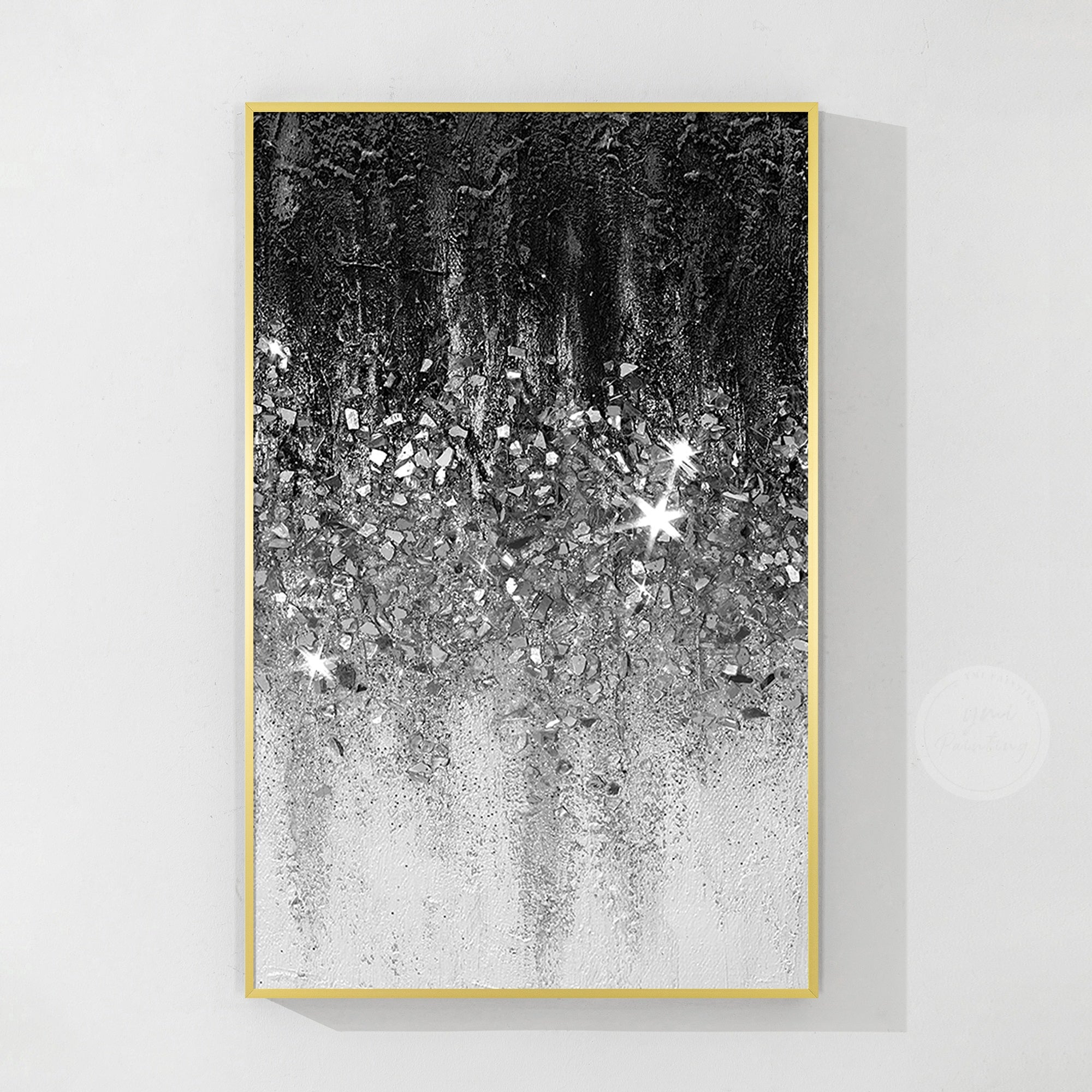Minimalist silver glitter painting with monochrome tones and sparkling surface texture for bedroom decor