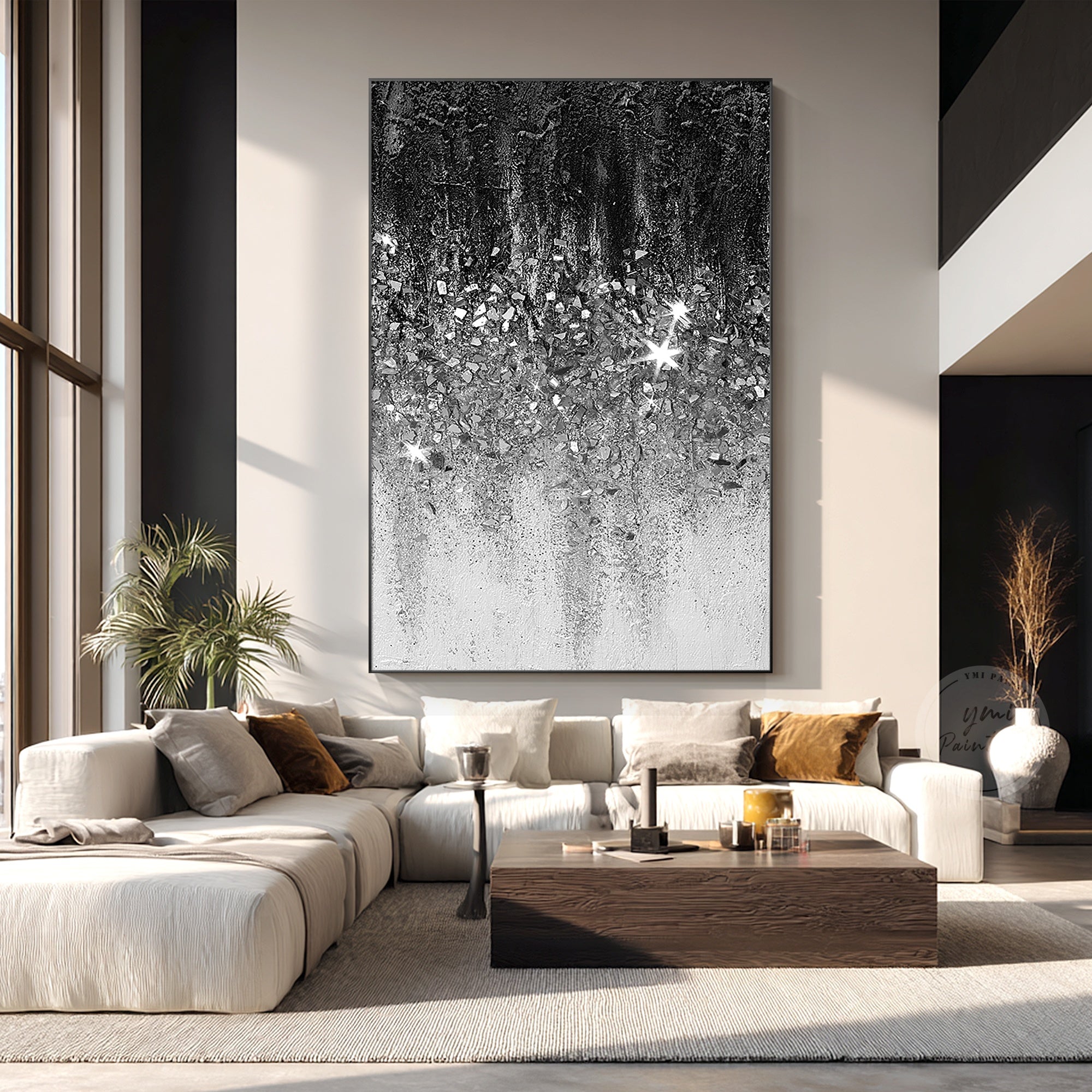 Luxury black and white wall art with shimmering glitter effects and 3D textured surface for modern interiors