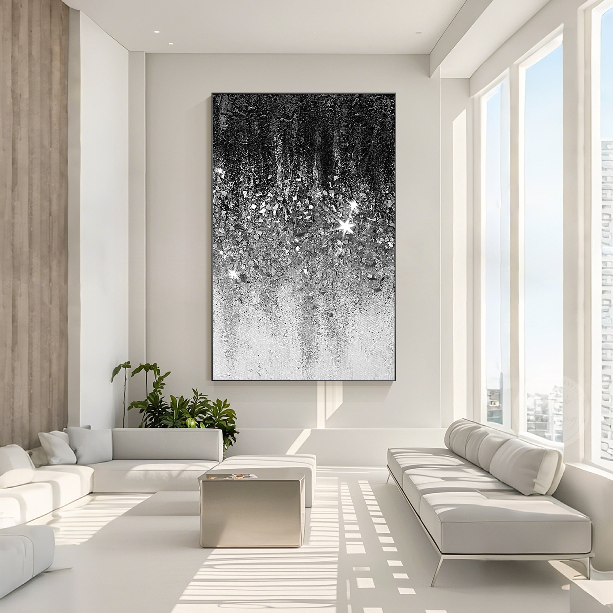 Contemporary glitter wall decor with black and white design, silver sparkle texture, and handmade artistic details