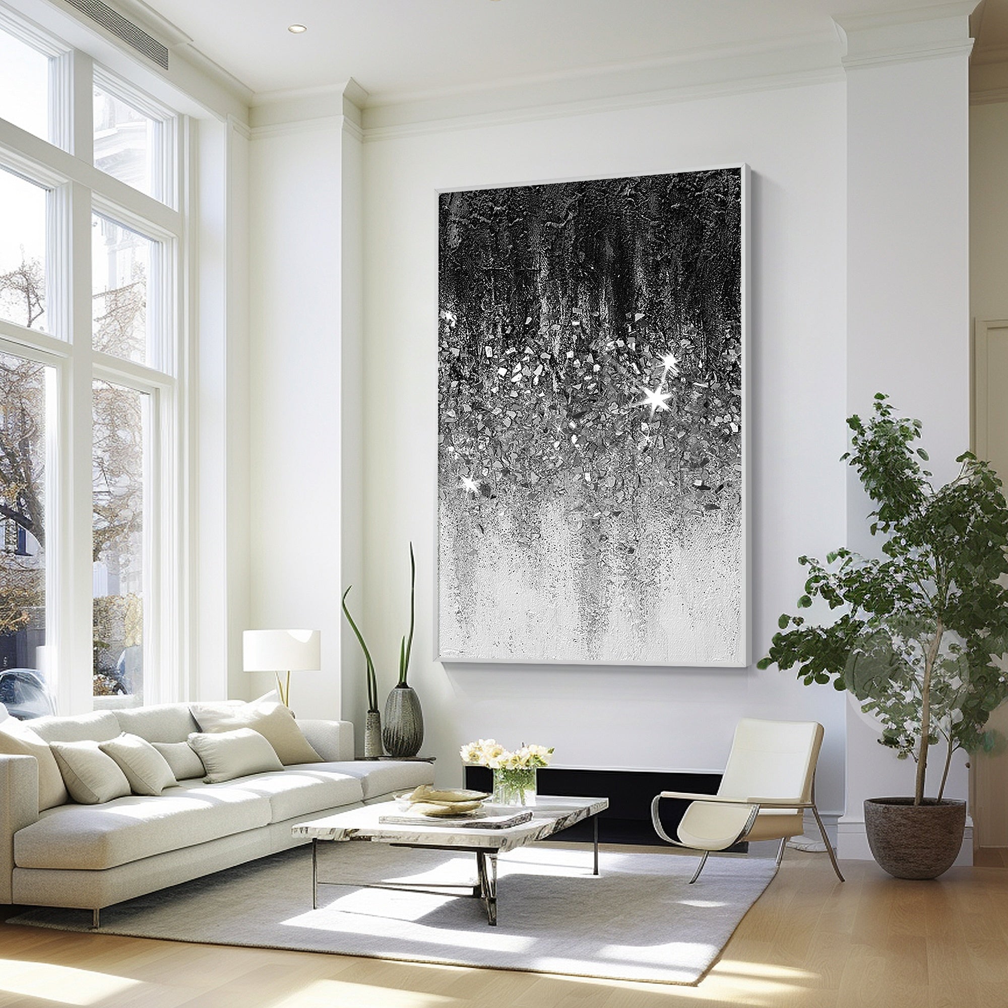 Handmade silver glitter wall art featuring black and white tones, sparkling details, and textured canvas finish