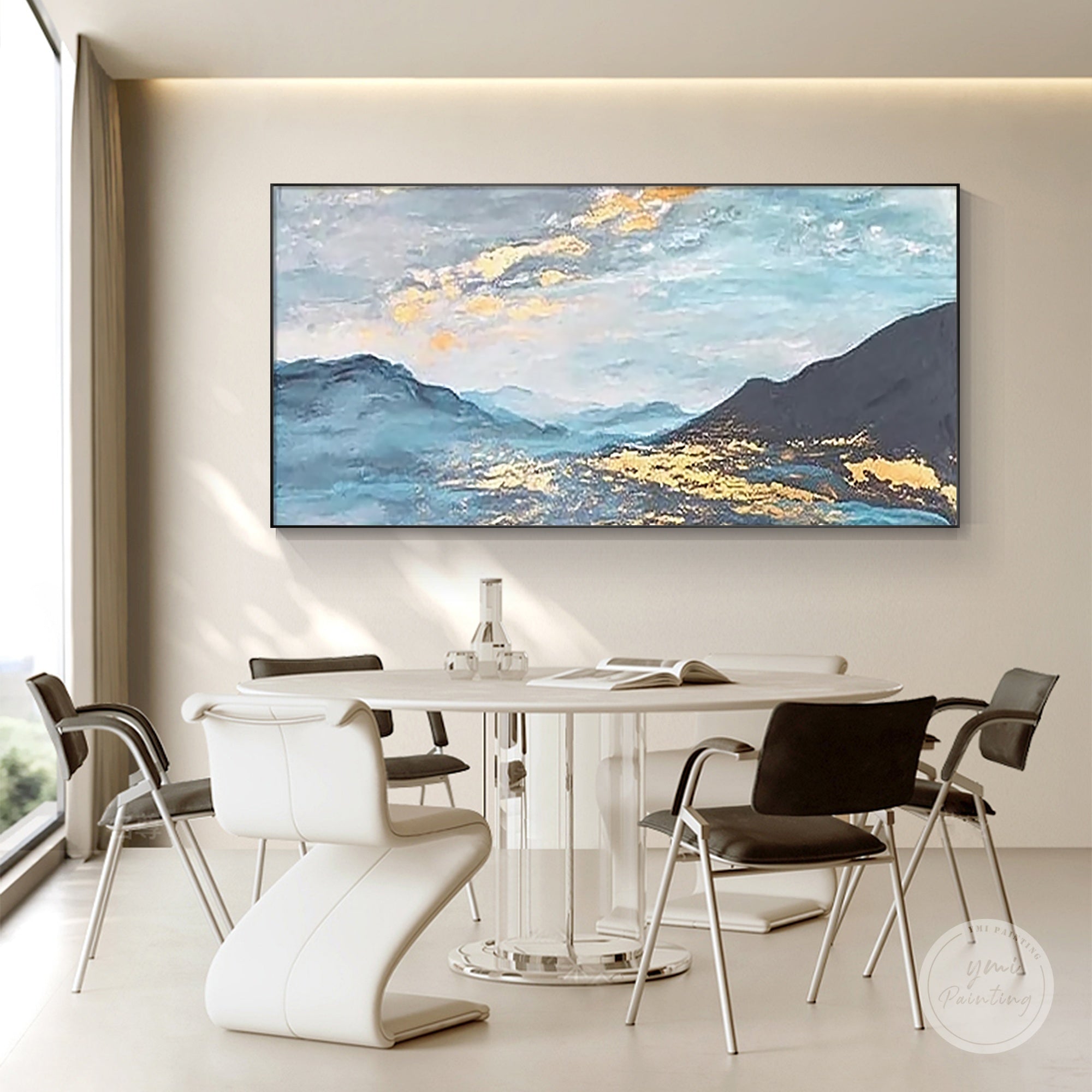 minimalist blue landscape artwork with gold accents