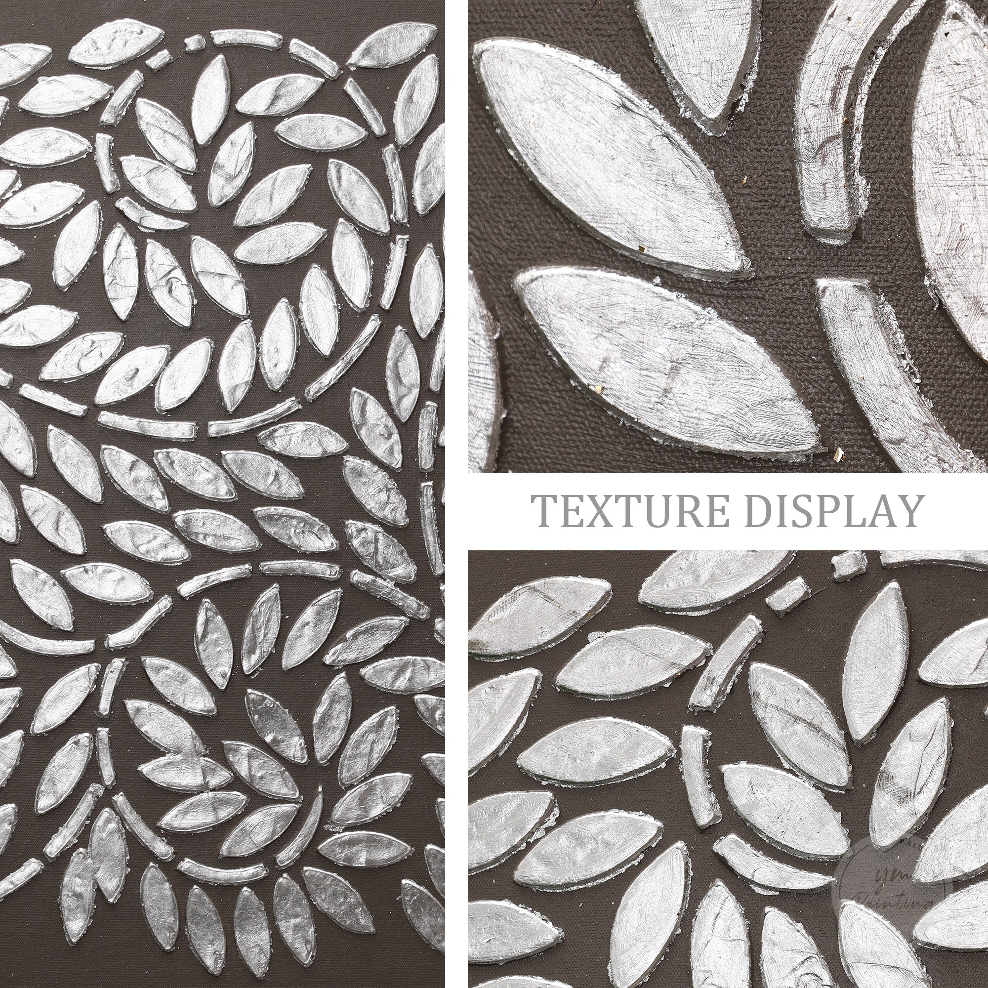 Handmade tree of life artwork with silver metallic leaves and modern abstract design for living room decoration