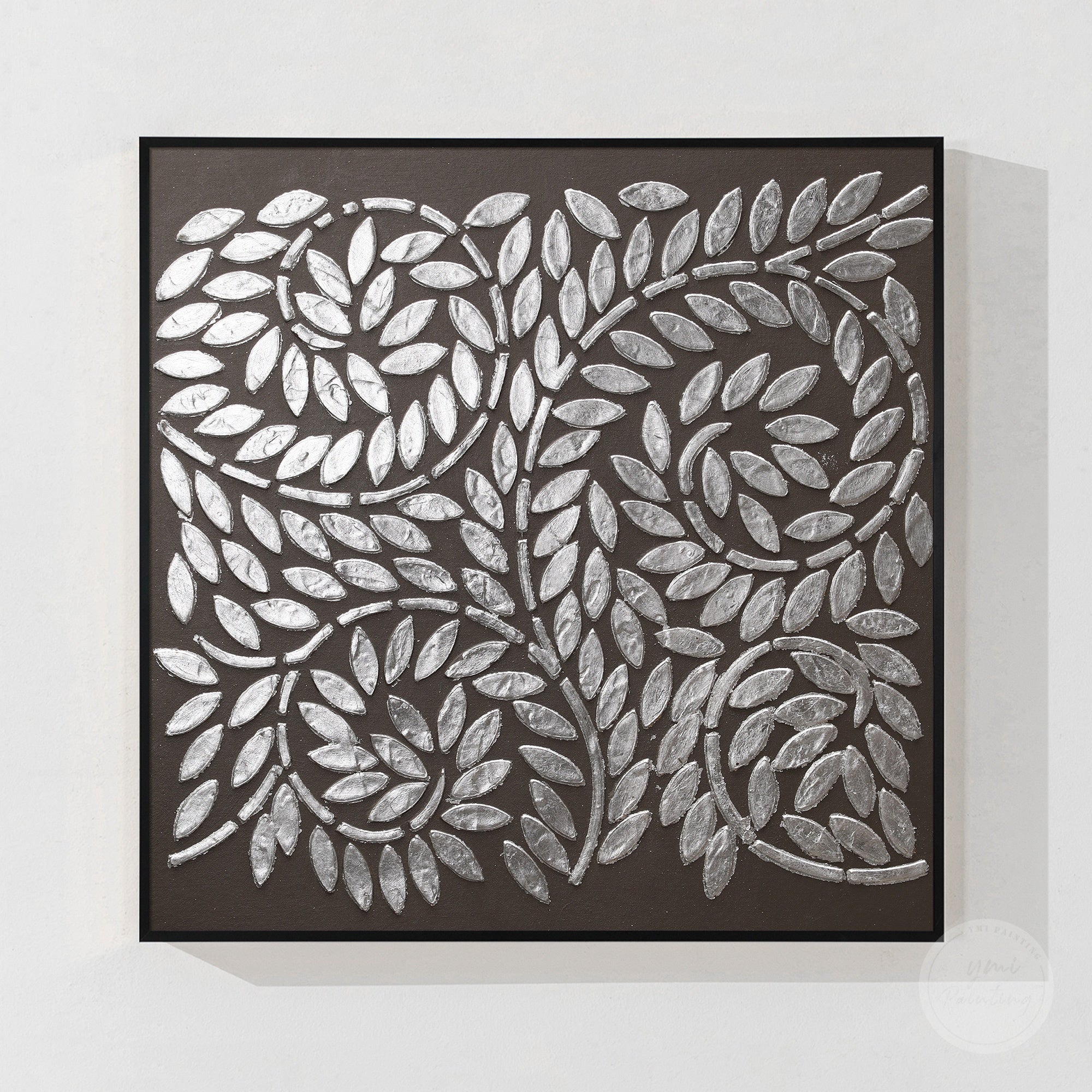 Silver leaf art painting with black background, metallic silver tree of life design, and modern textured wall decor