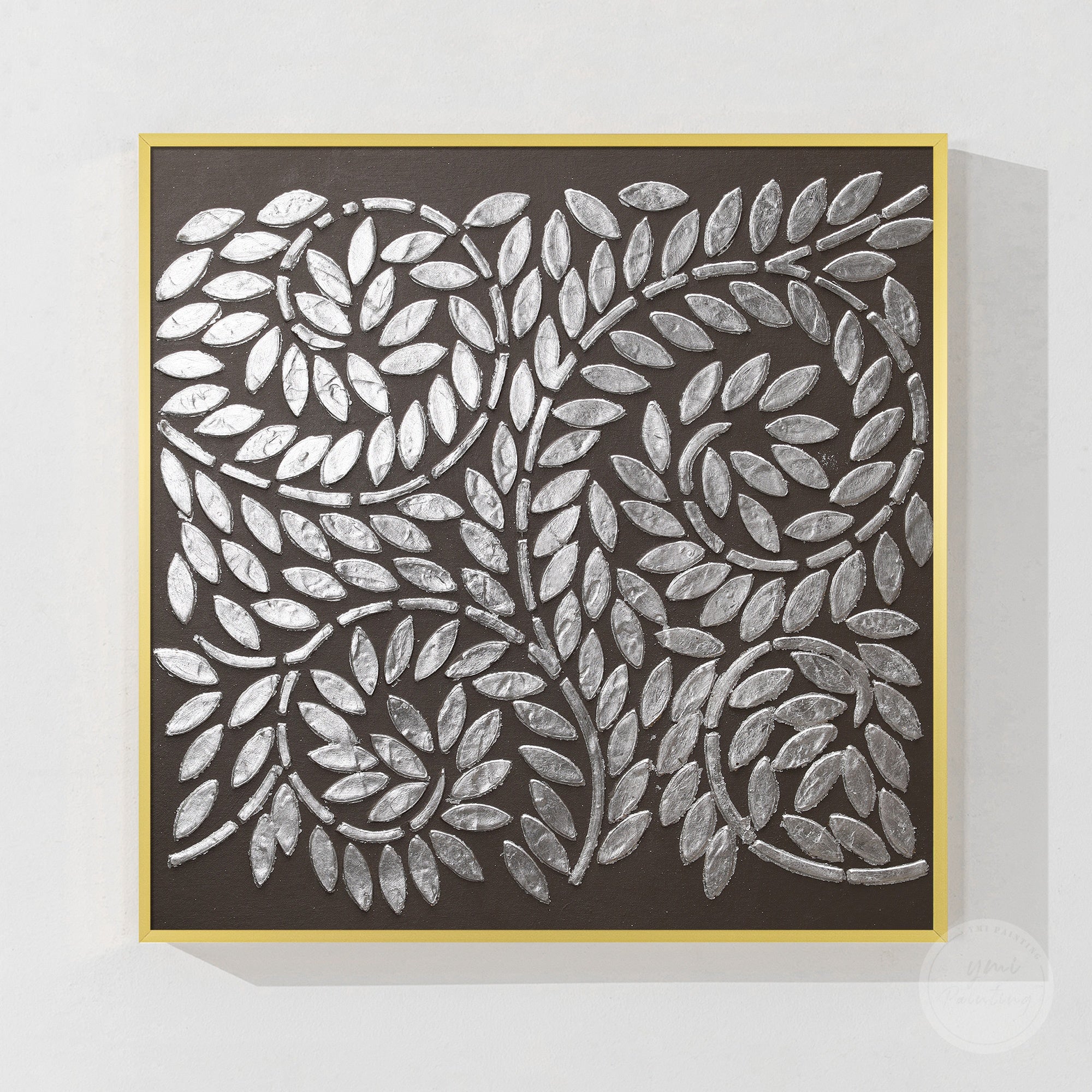 Modern bohemian wall art featuring silver leaf texture, black canvas background, and artistic tree symbolism