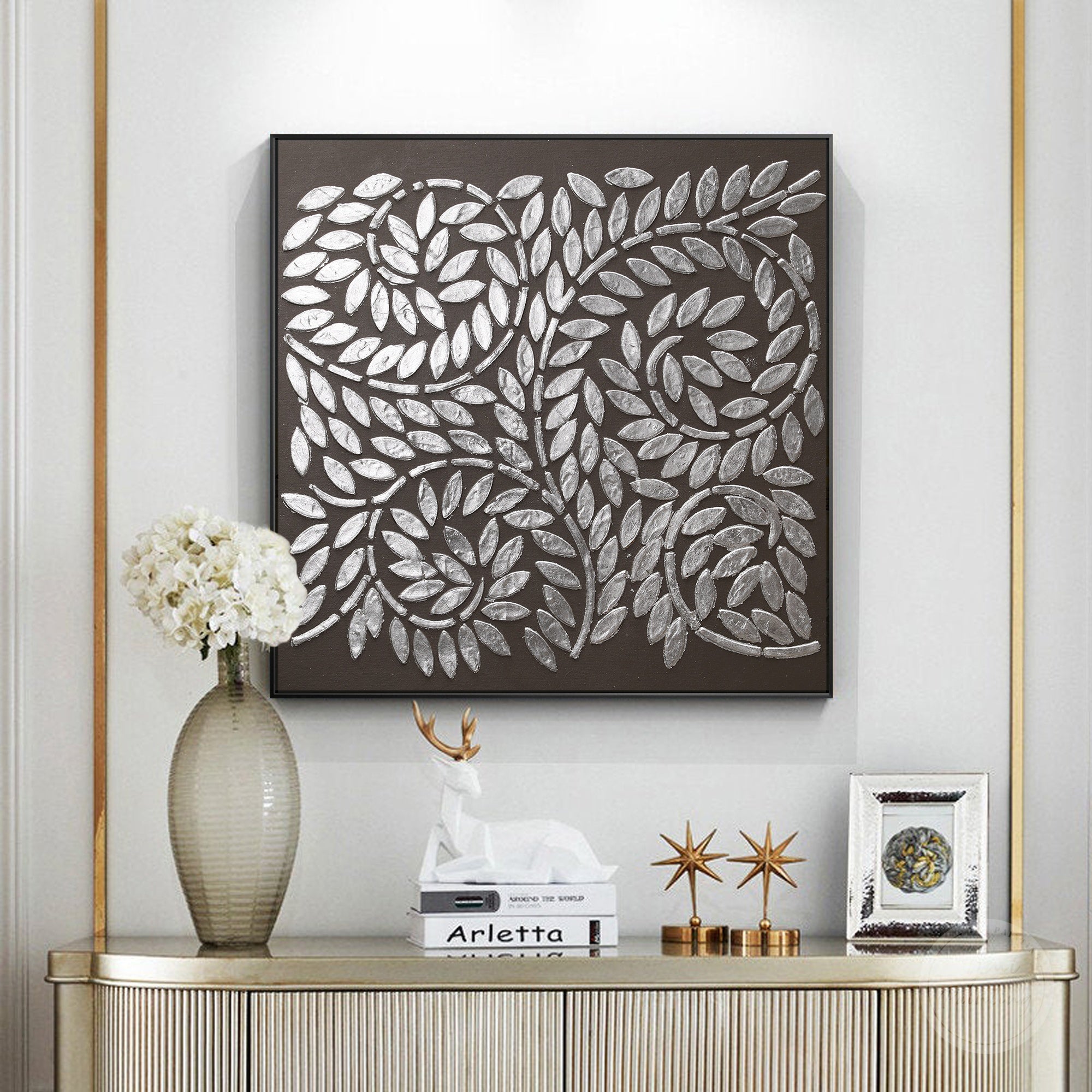 Contemporary silver leaf canvas painting with textured details, elegant branches, and sophisticated interior decor