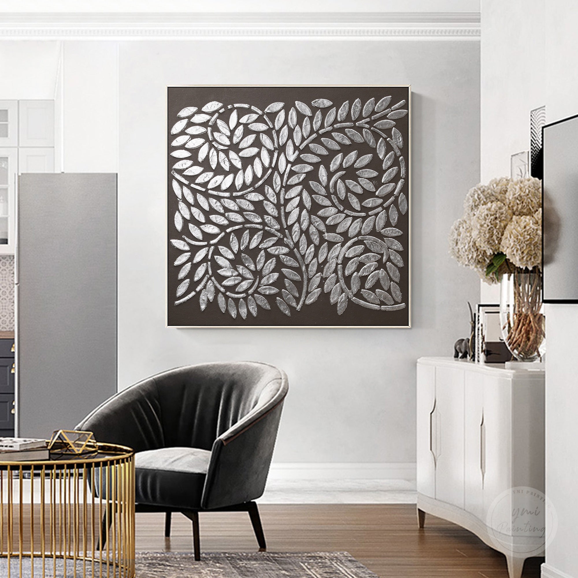 Modern abstract silver leaf painting with metallic details and contemporary black canvas wall decoration