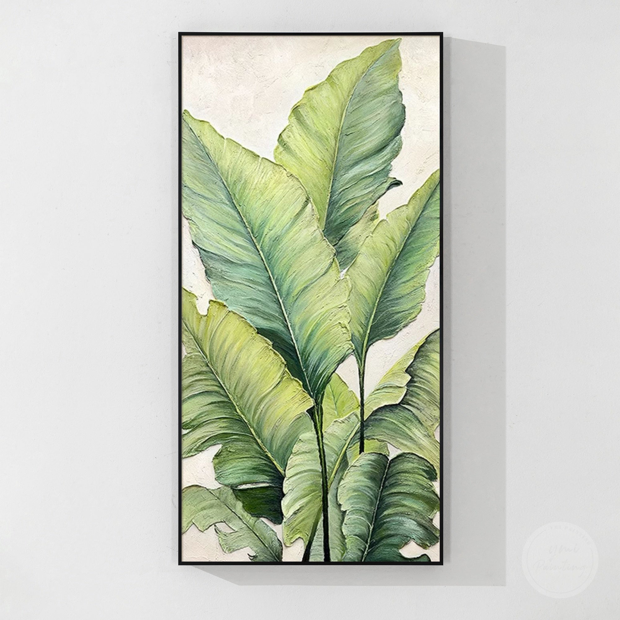 Vertical leaf art painting with large botanical leaves and elegant modern nature inspired wall decor design