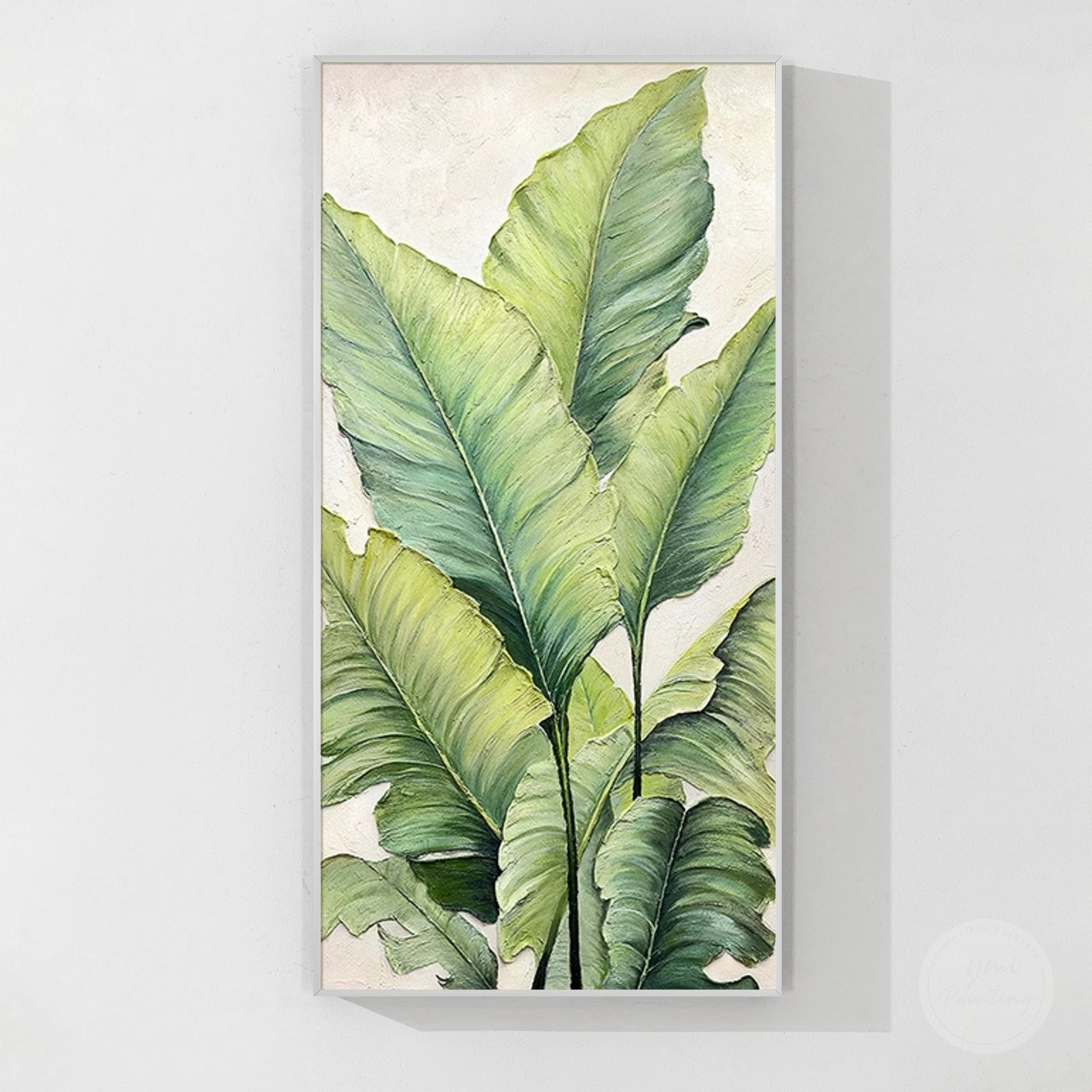 Unique vertical leaf painting with handcrafted botanical details and elegant nature inspired wall decoration