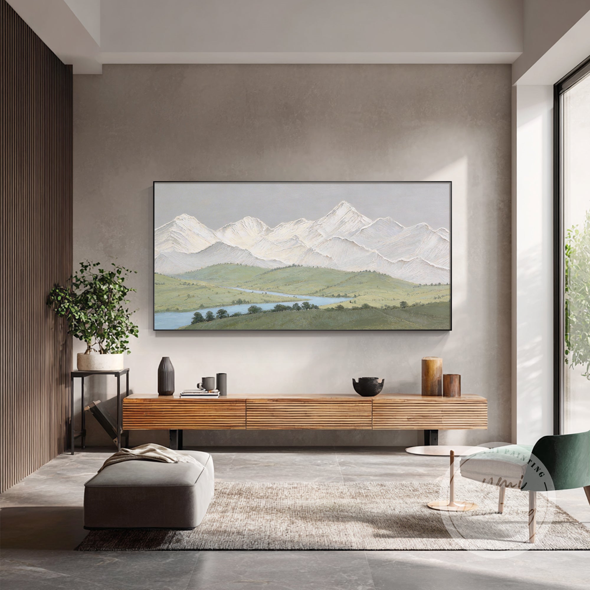 wide landscape wall art on sideboard with natural decor accents