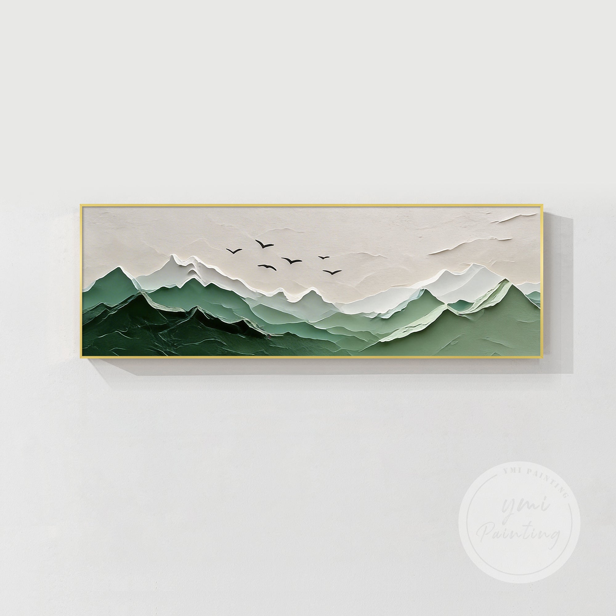 pintura de paisagem texturada verde calmante em ambiente de quarto