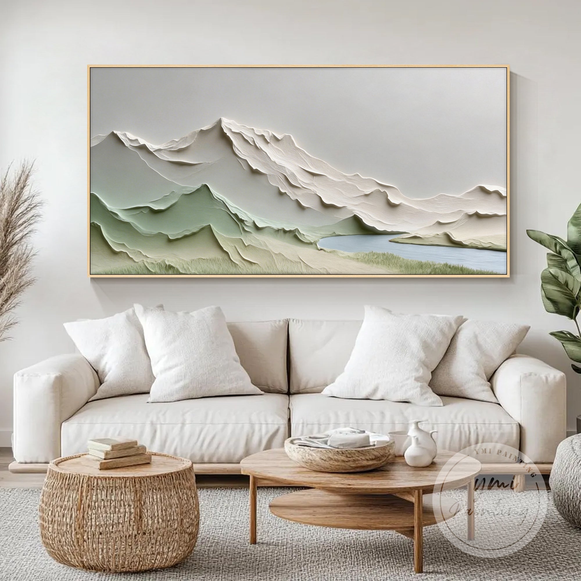 arte de parede moderna em relevo numa consola com decoração natural