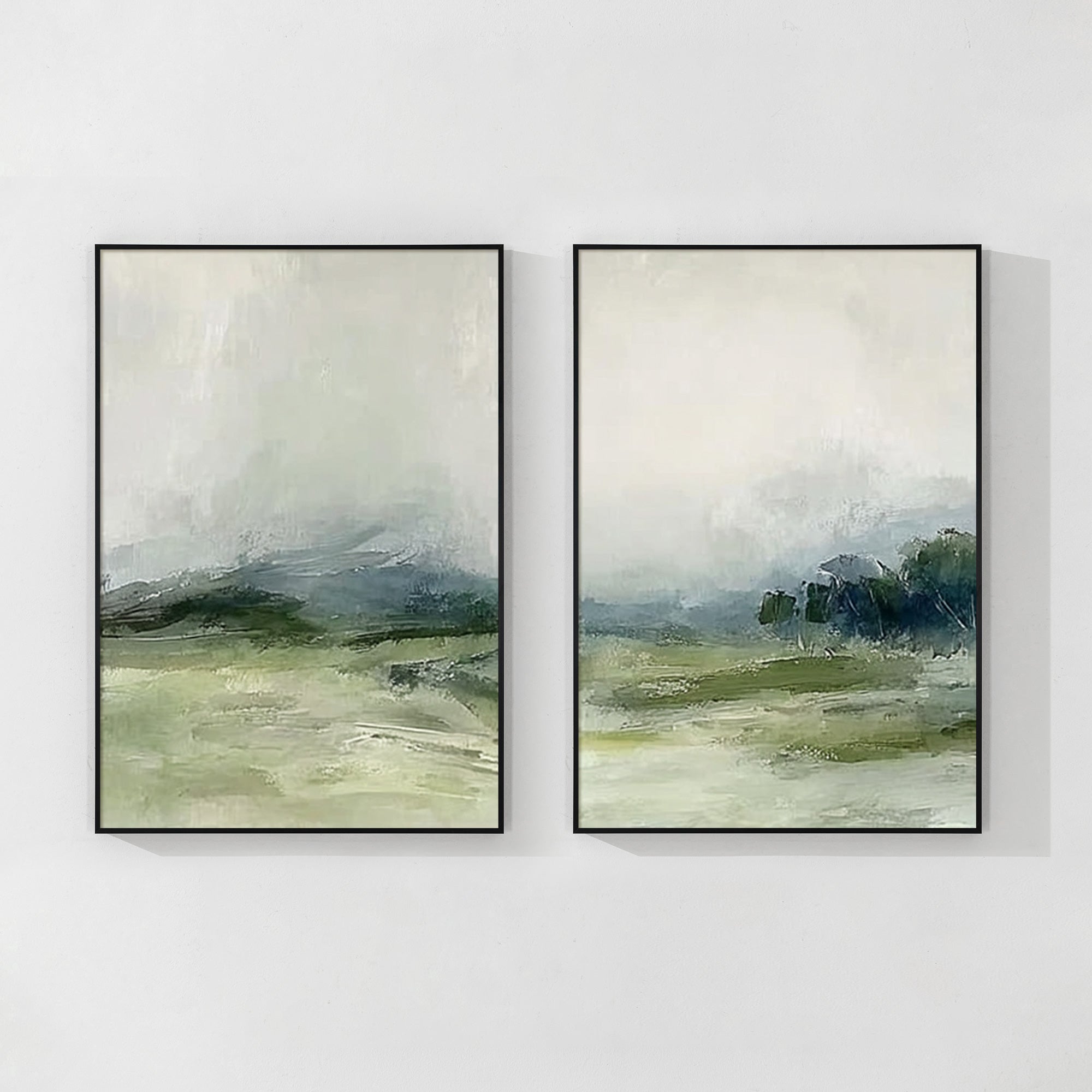 muted green abstract wall art set above modern living room sofa