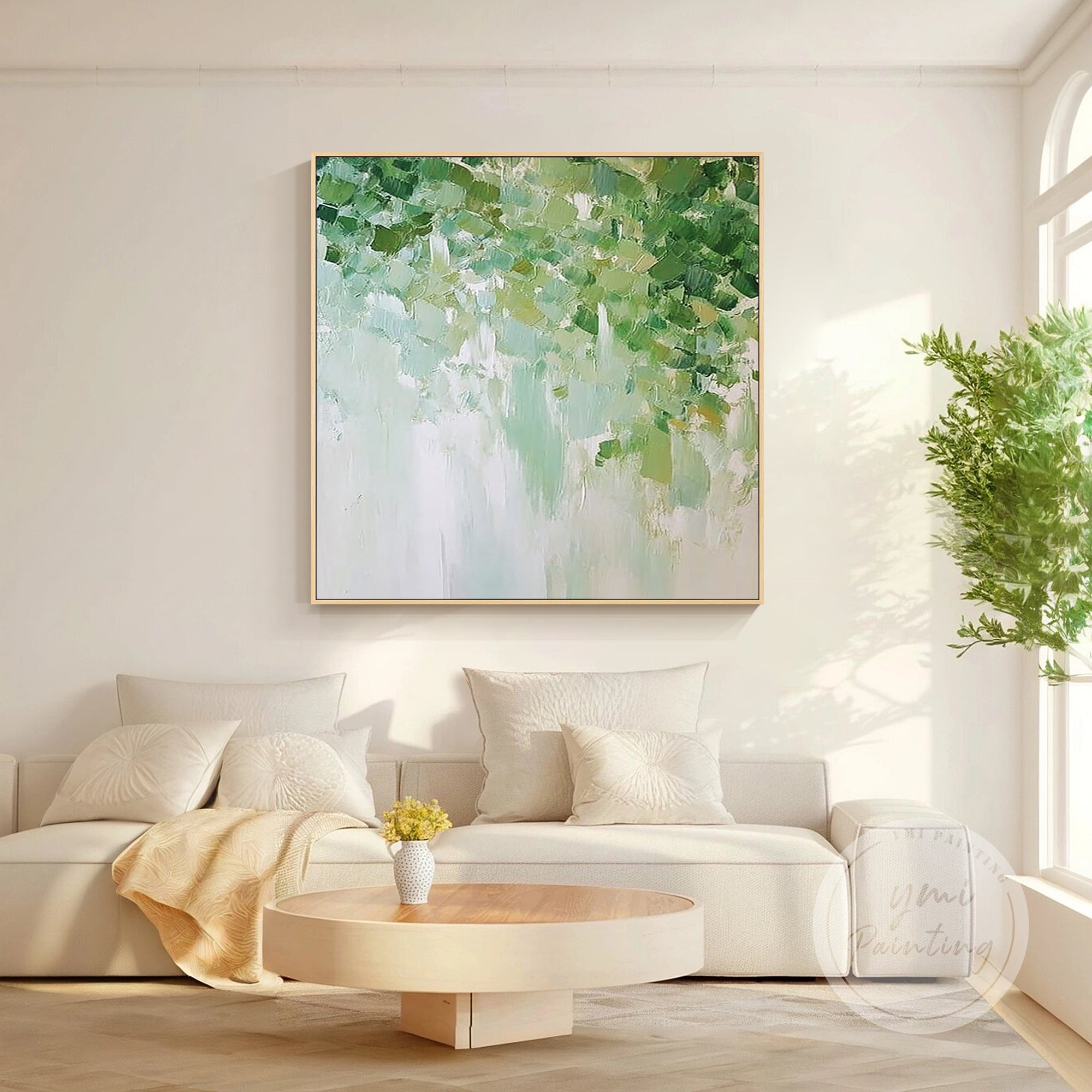 pintura abstrata moderna texturizada numa sala de estar contemporânea