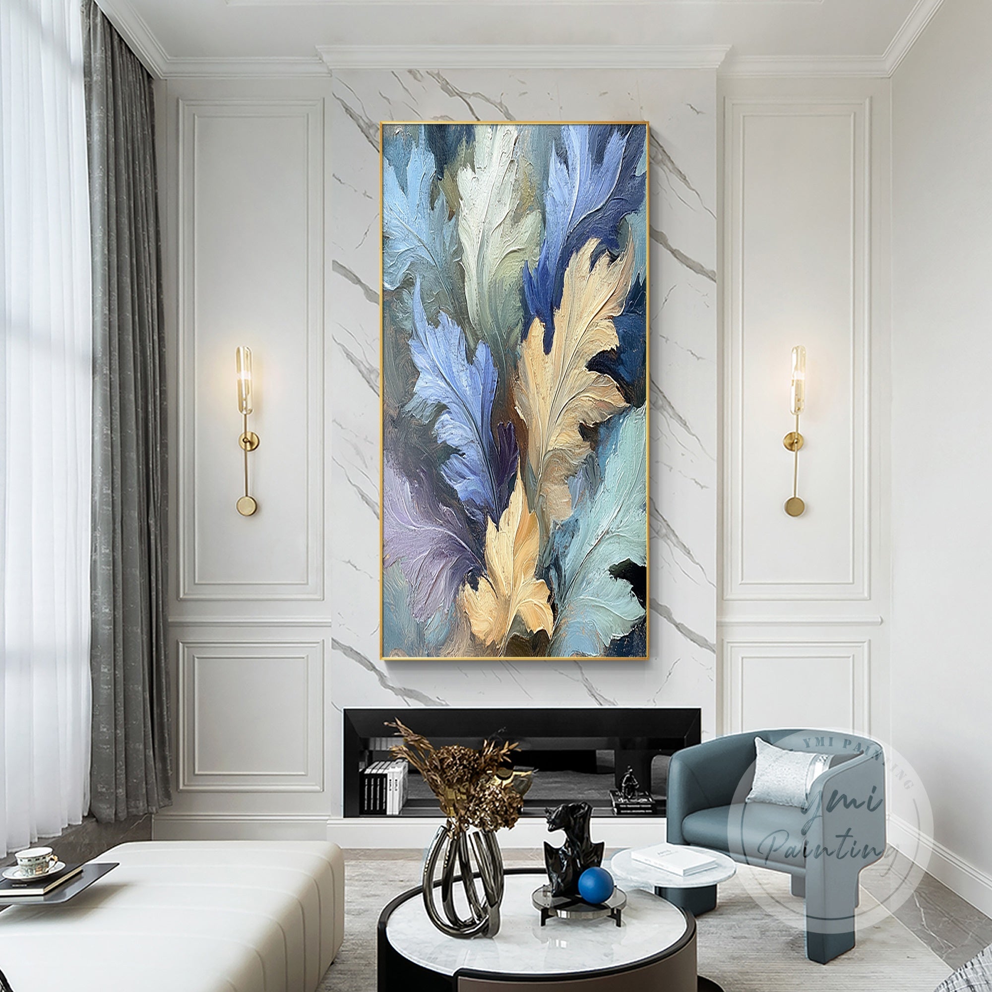 Oak leaves in motion on canvas, with thick brushstrokes creating depth and texture.
