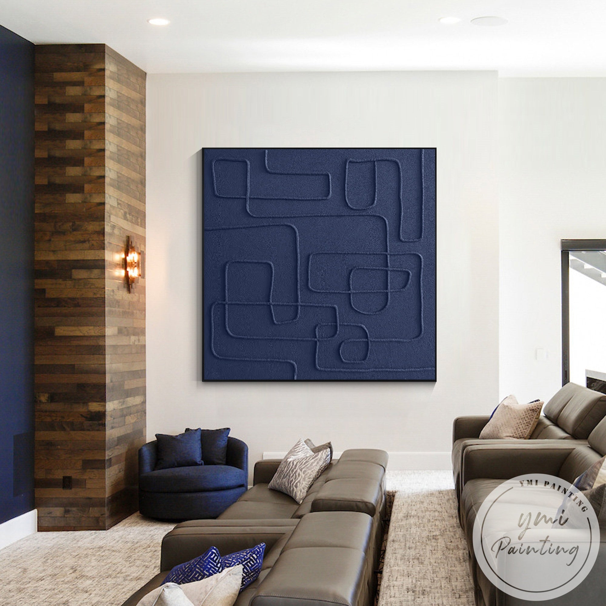 Elegant navy blue minimalist square wall painting for living room