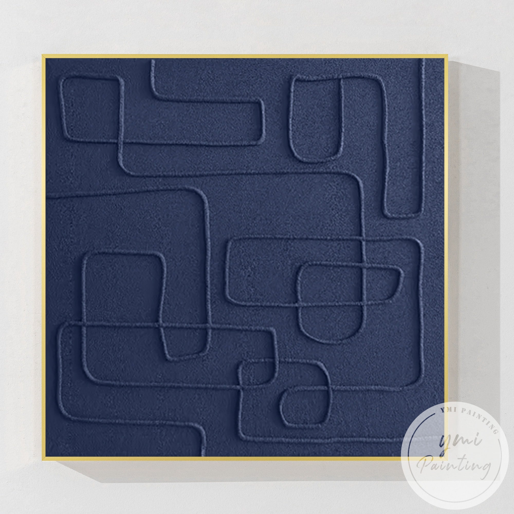 Minimalist square abstract artwork with deep blue textured surface