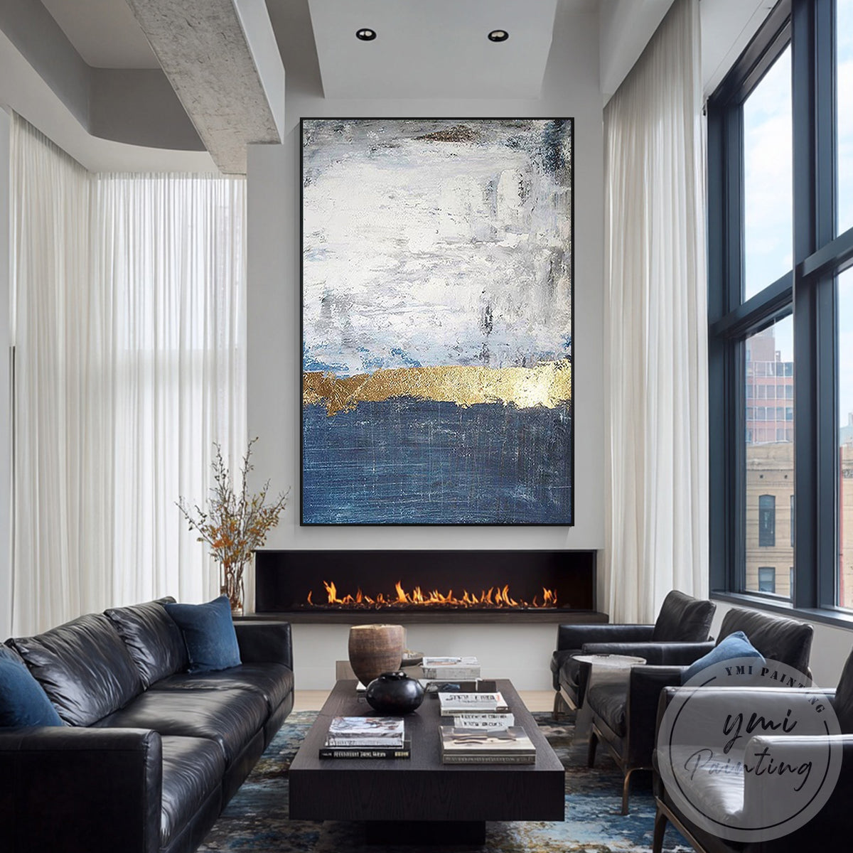 Modern navy blue abstract ocean painting for living room
