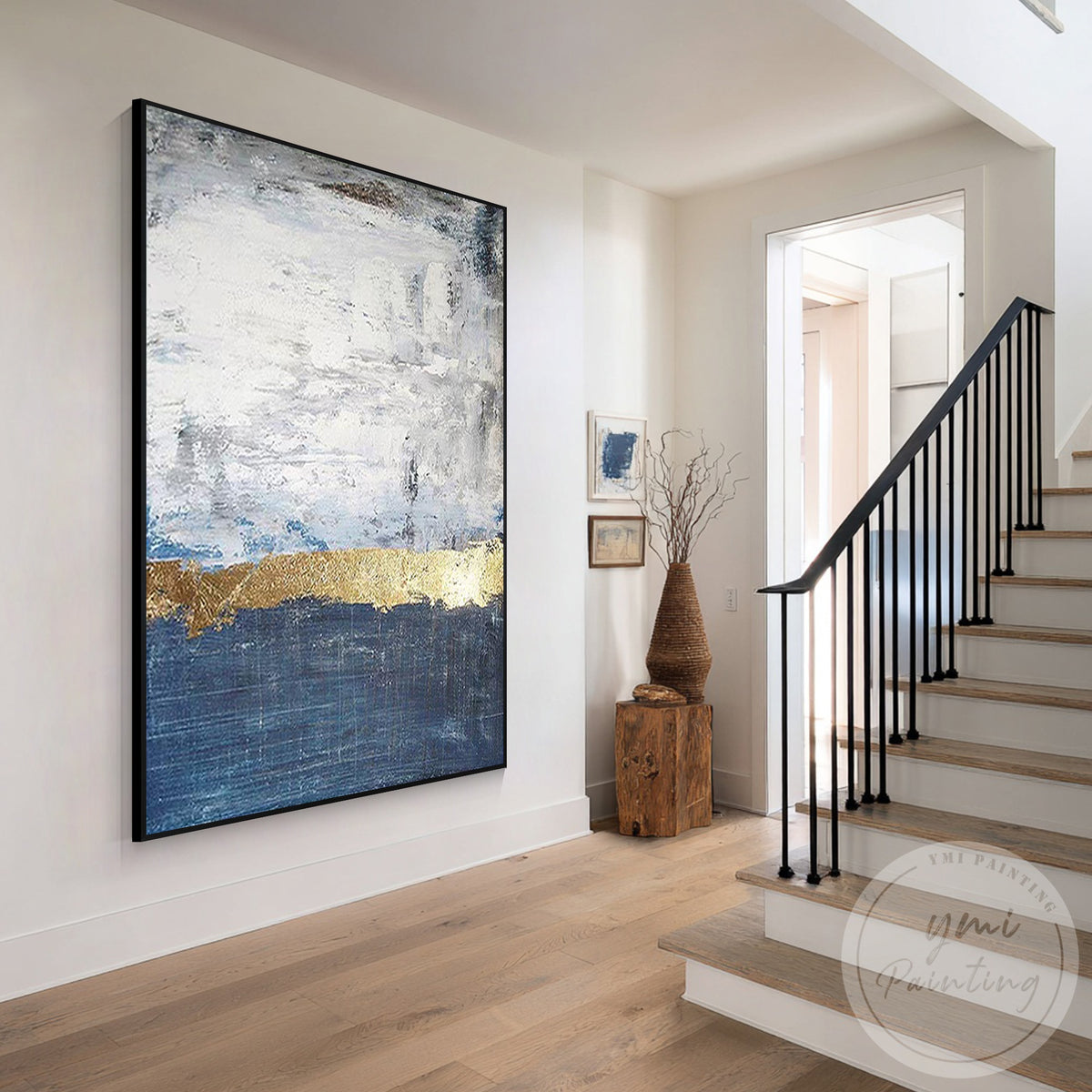 Luxury navy blue gold abstract landscape artwork