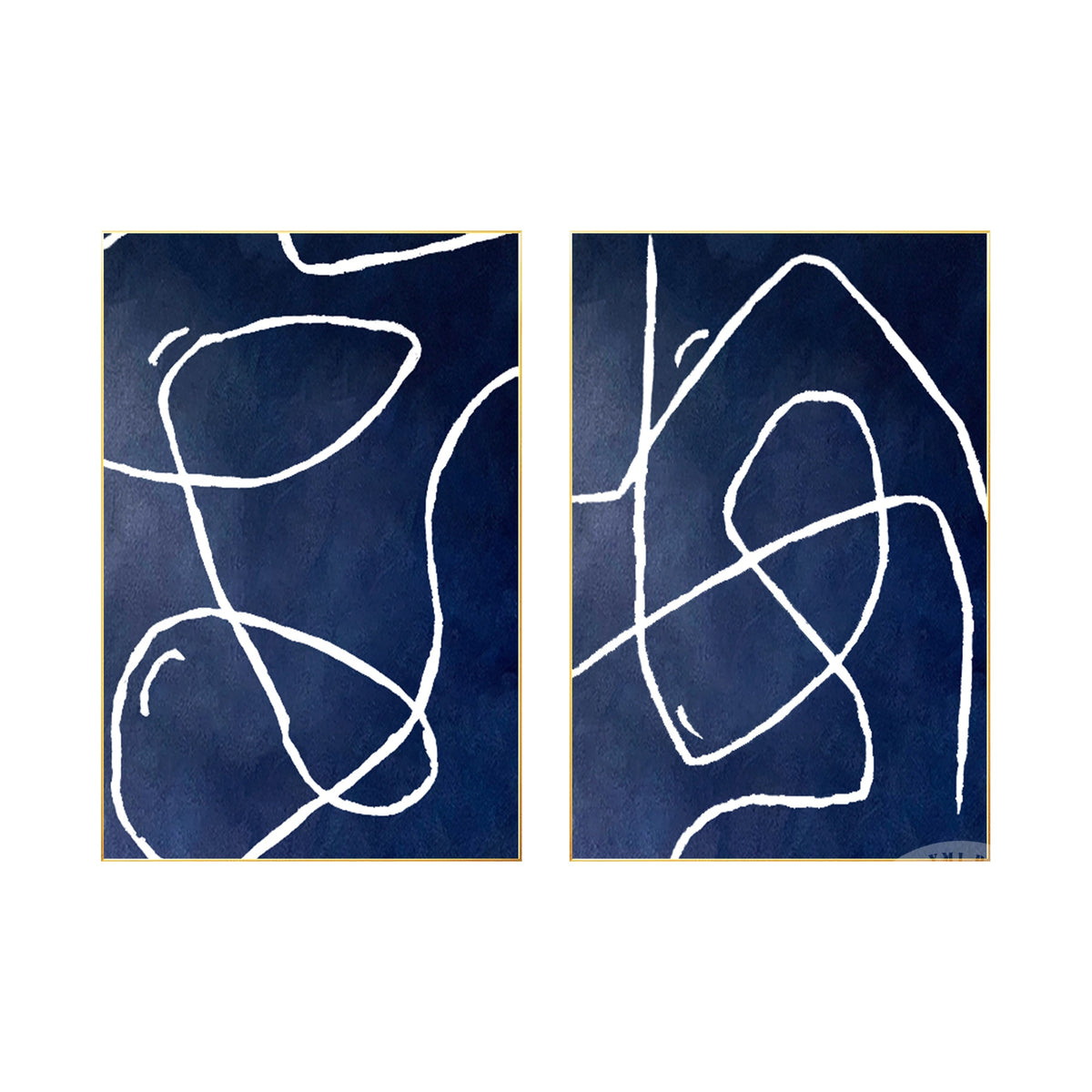 Modern two-panel navy blue abstract painting for living room decor