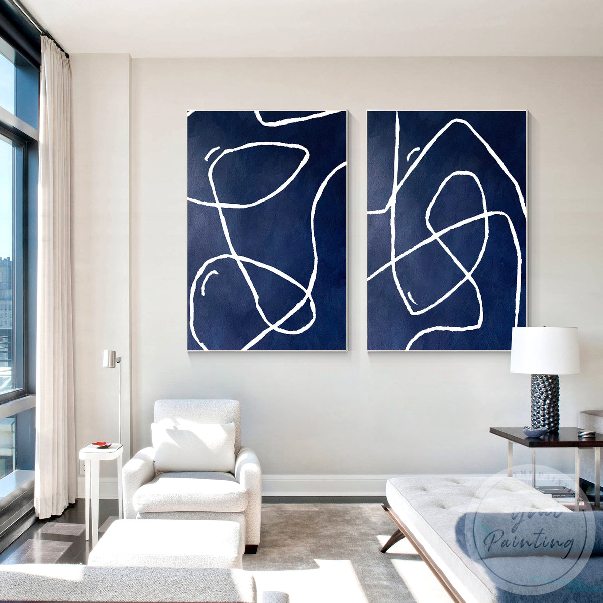Framed abstract line art diptych for modern bedroom wall decor
