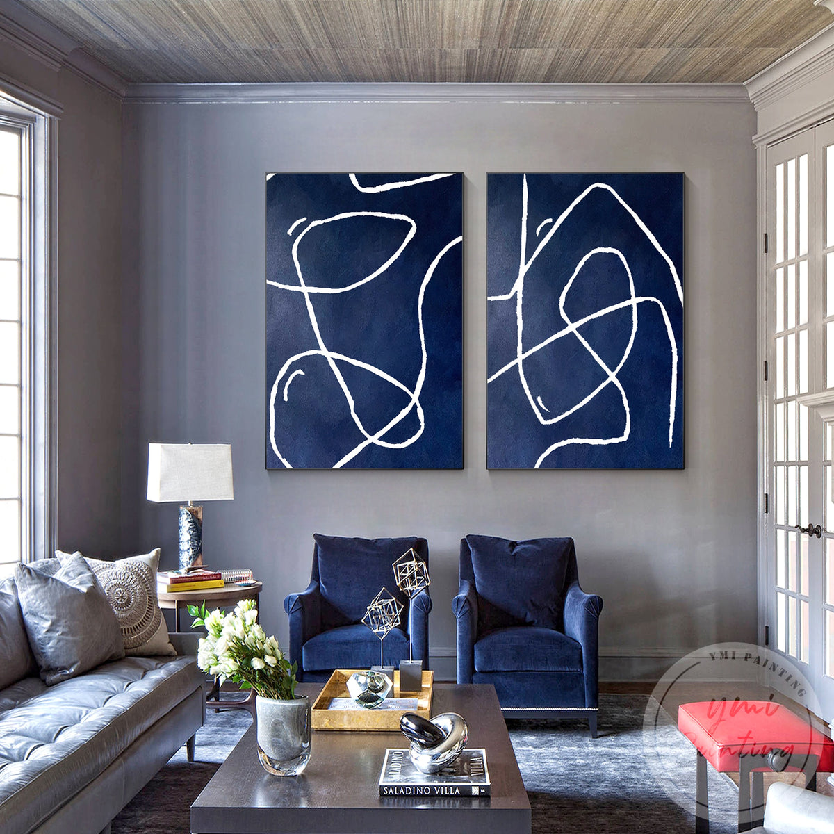 Navy blue abstract line art wall painting for a modern home