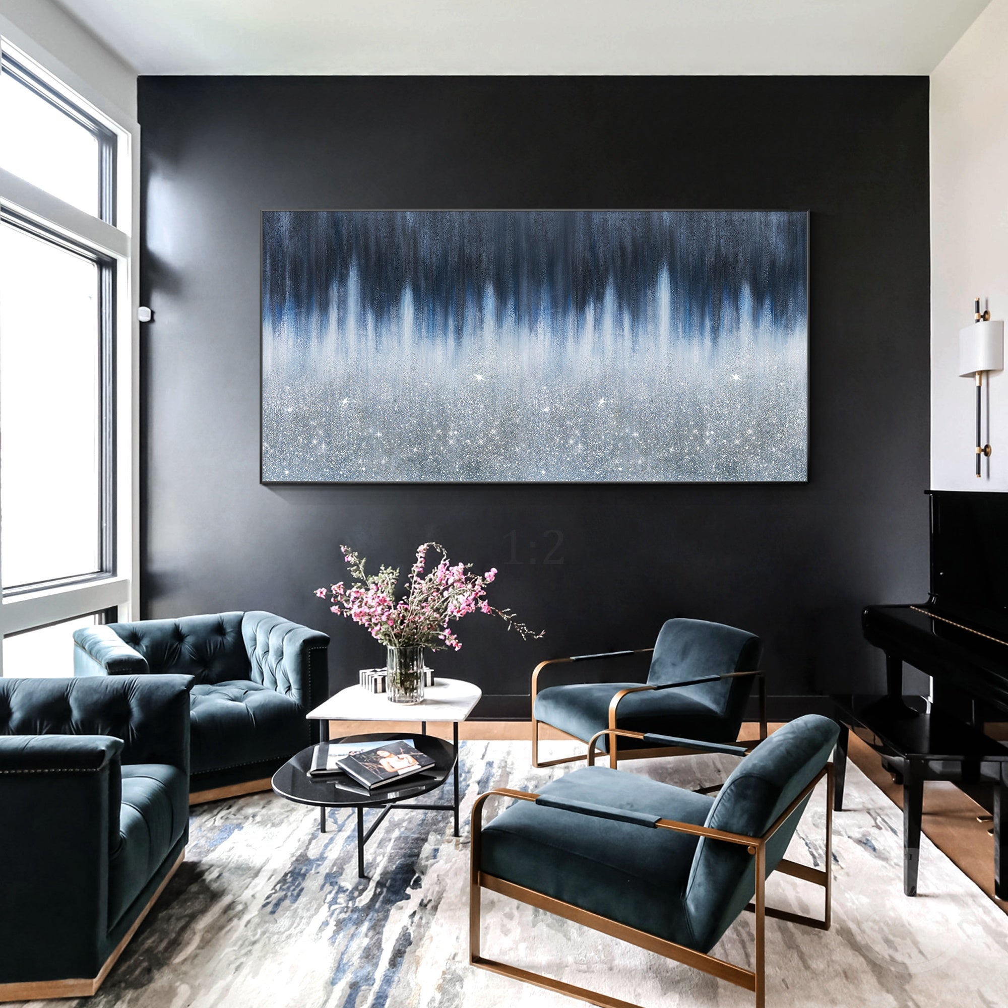 Luxury dark blue wall art painting with reflective crushed glass texture and contemporary abstract design