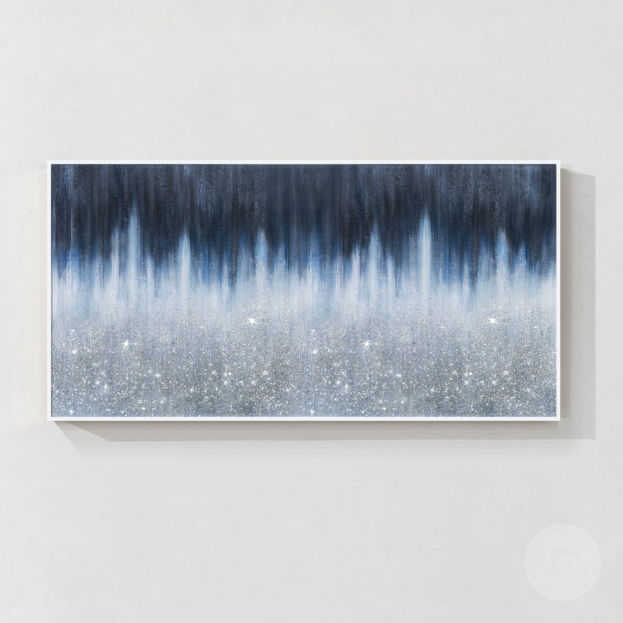 Dark navy crushed glass art painting with sparkling texture and modern luxury abstract wall decor design