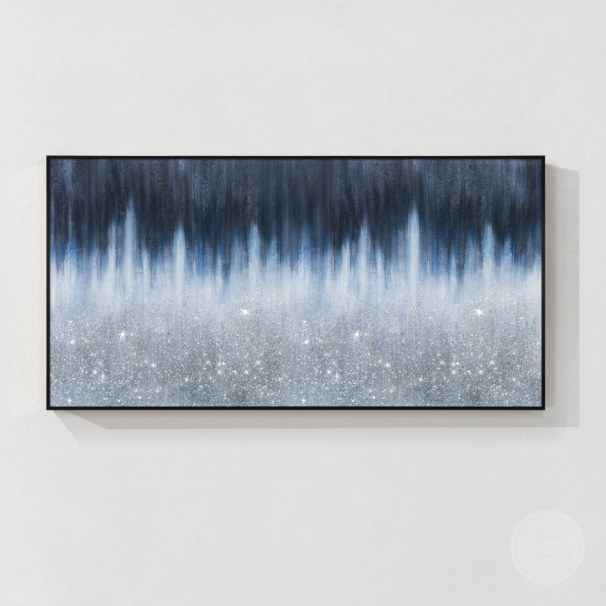 Unique navy crushed glass canvas painting with 3D texture, glitter accents, and modern home wall decoration