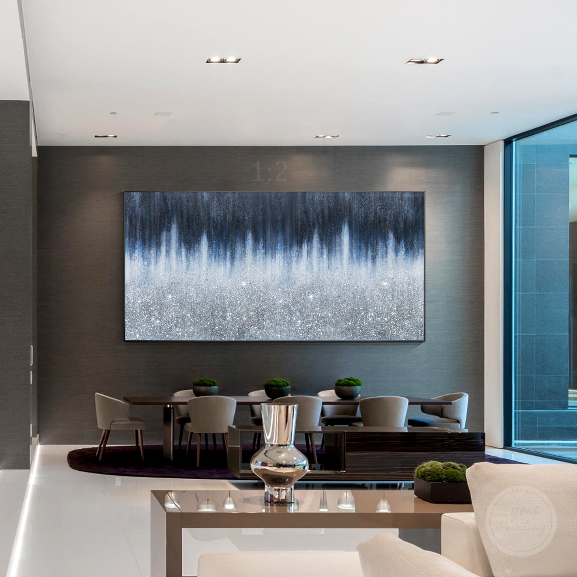 Handmade navy blue crushed glass wall art featuring shimmering glass details and elegant textured canvas finish