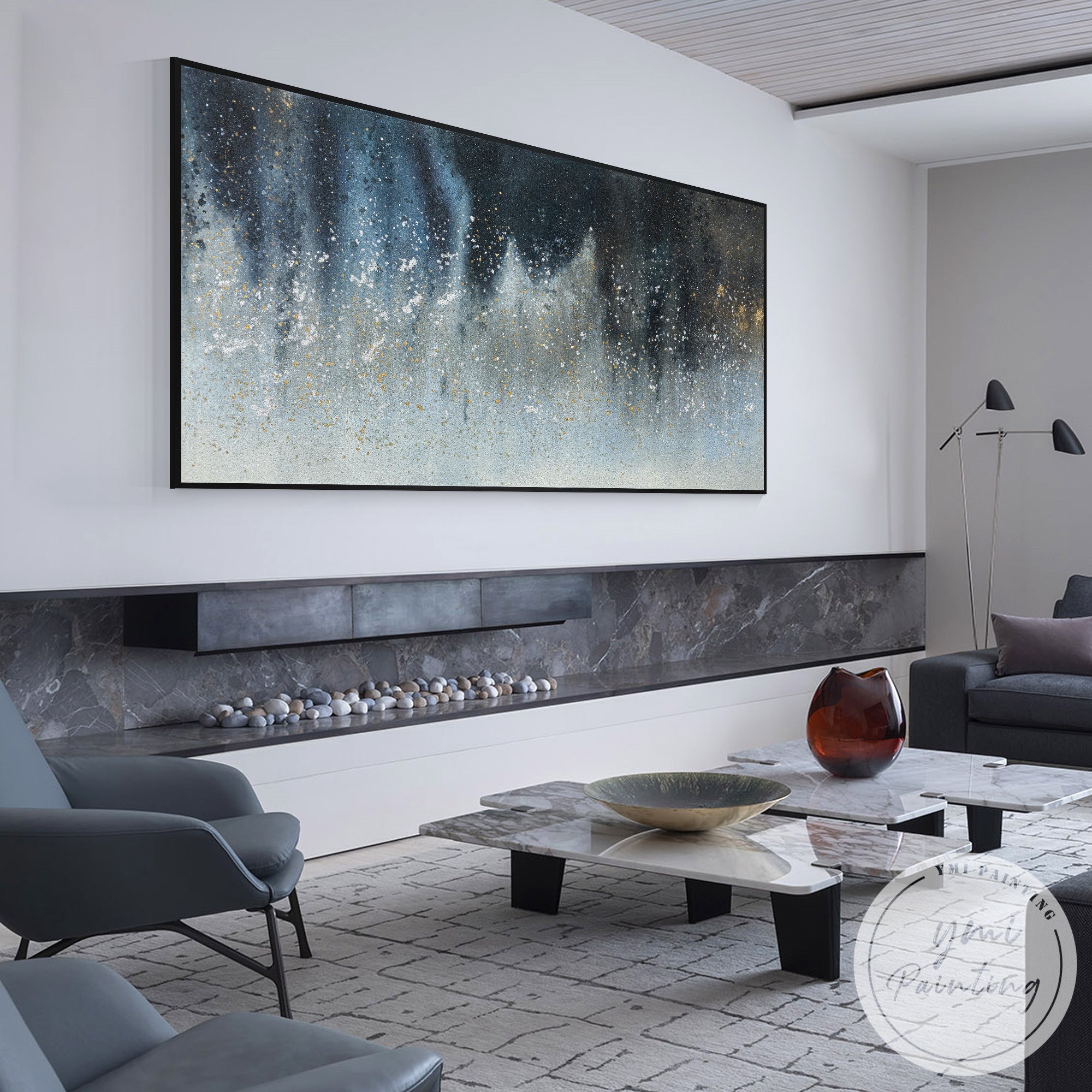 Oversized navy blue gold painting for minimalist modern home style