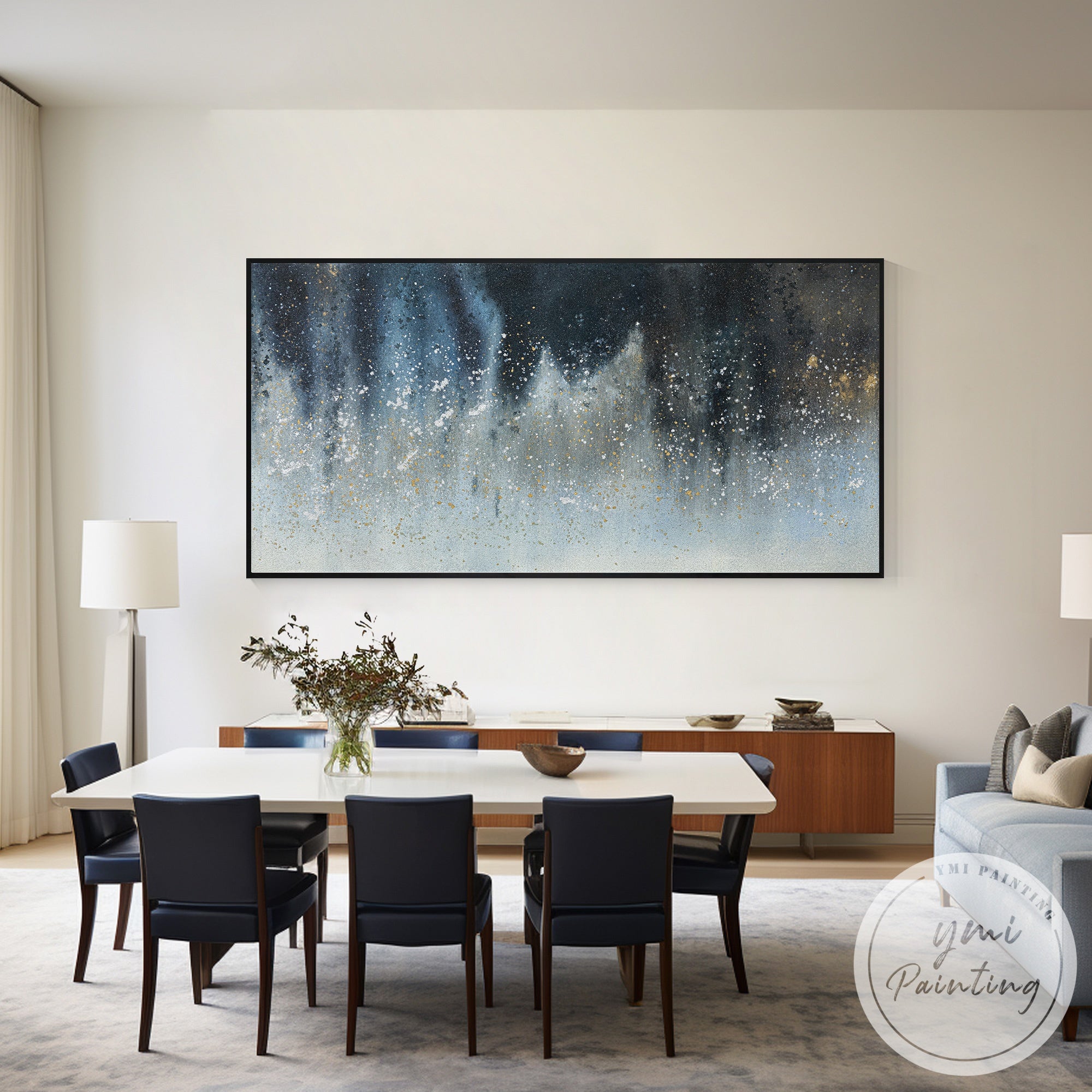 Textured handcrafted abstract painting in navy blue and metallic gold tones