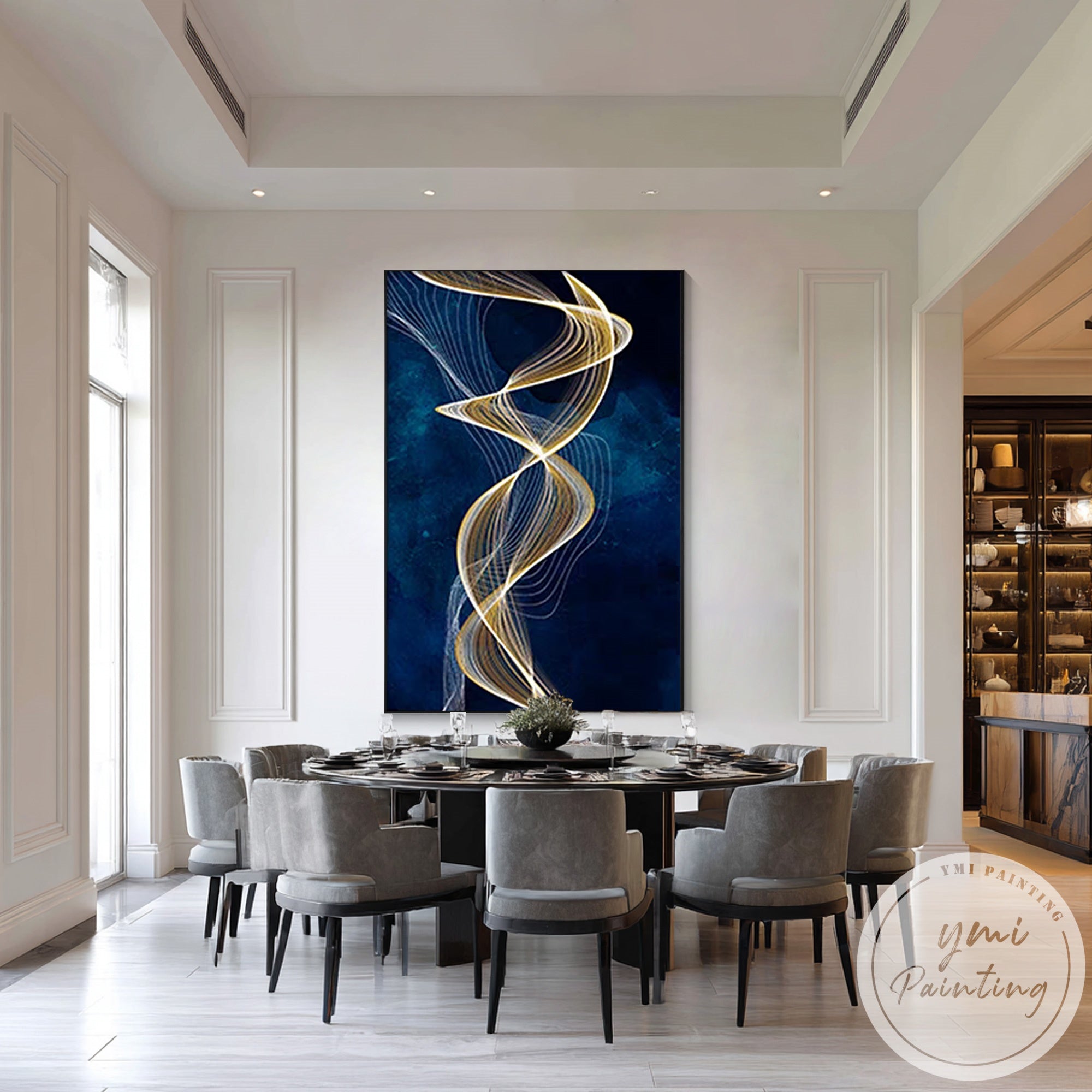 Abstract navy blue gold ribbon art for sophisticated home decor