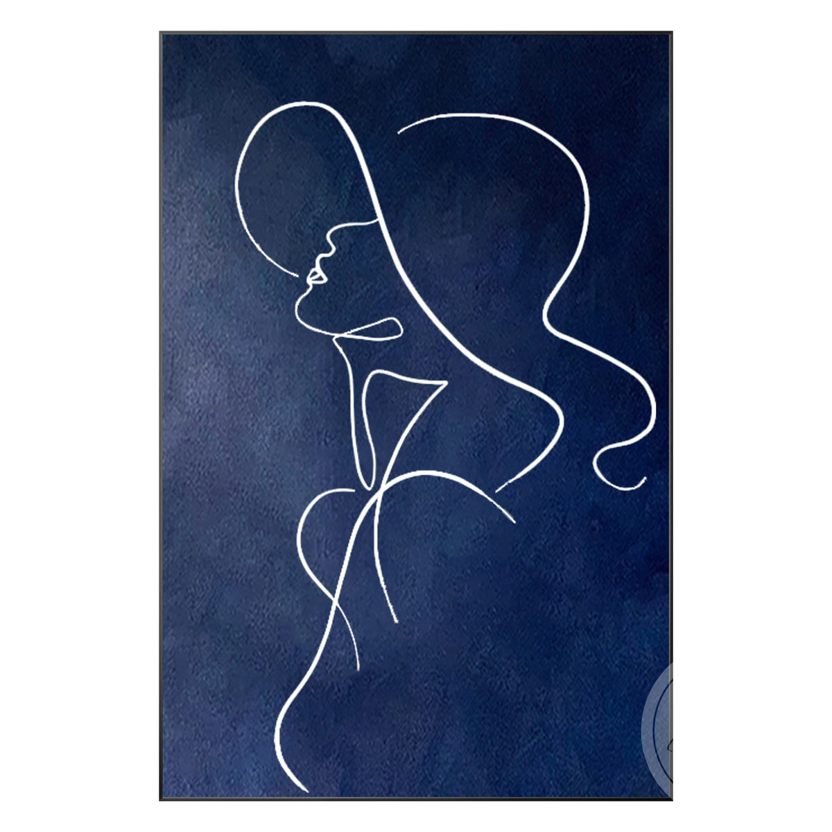 Framed navy blue woman line drawing for modern wall decor