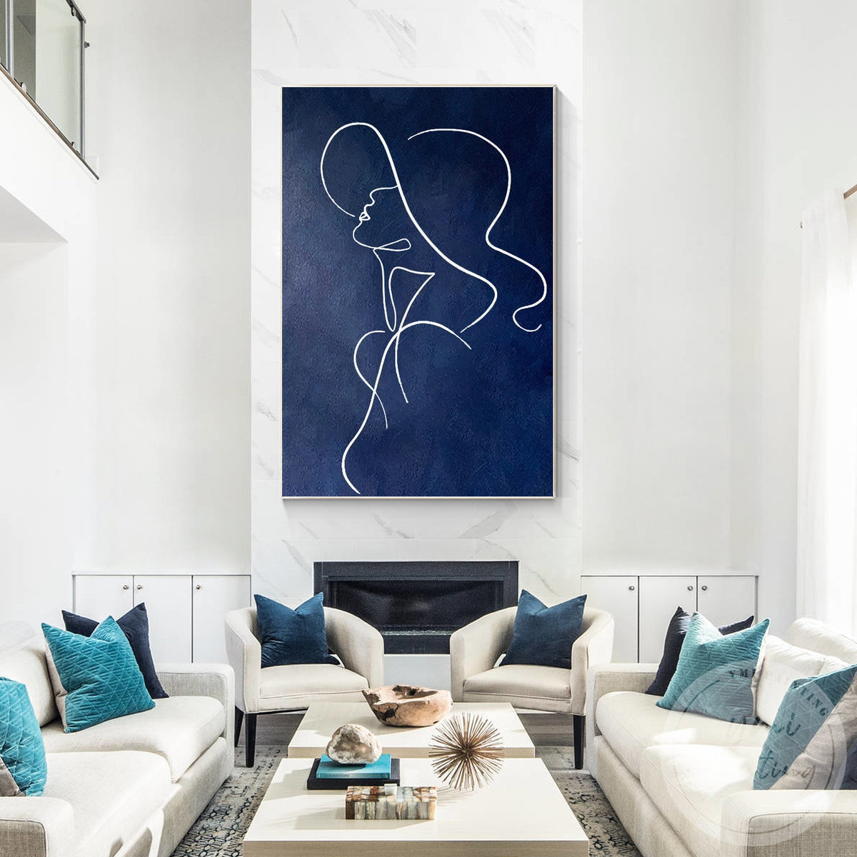 Minimalist navy blue female figure painting for living room walls