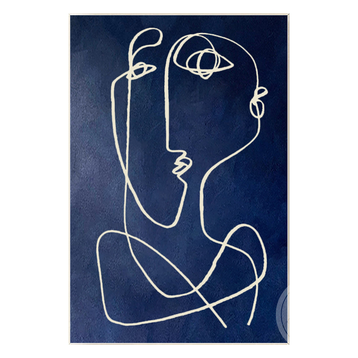 Picasso-inspired navy blue line art above a modern living room sofa
