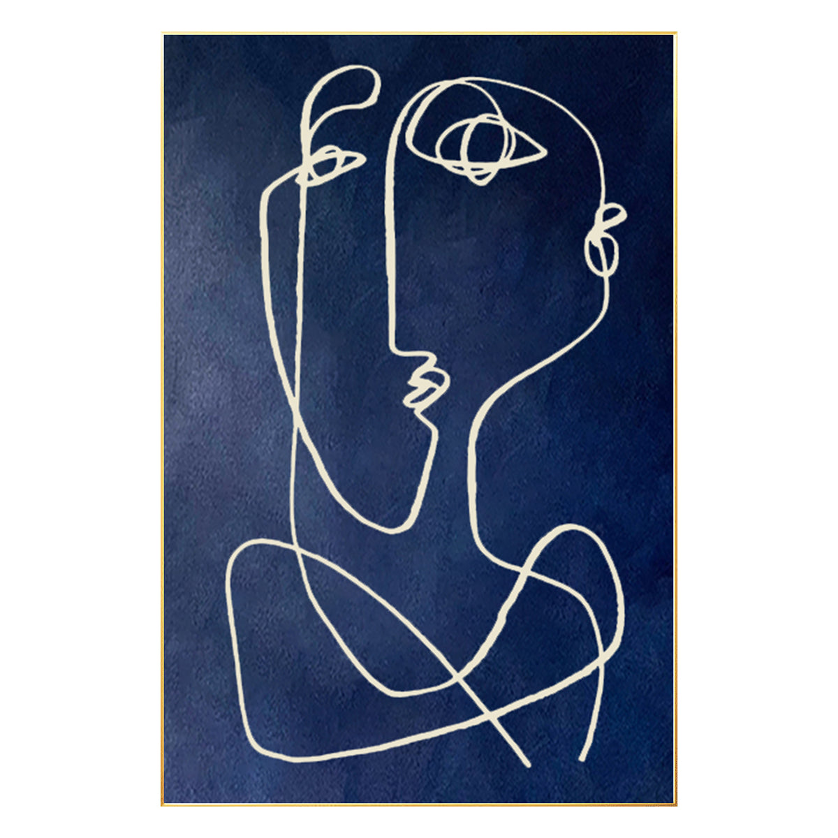 Navy blue Picasso-style line art with textured details on canvas