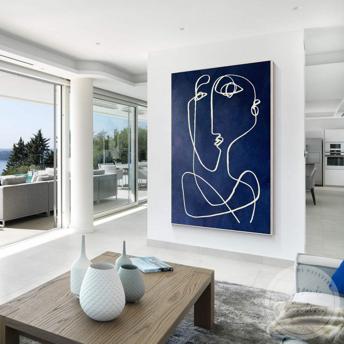 Contemporary line art wall decor with bold navy blue strokes