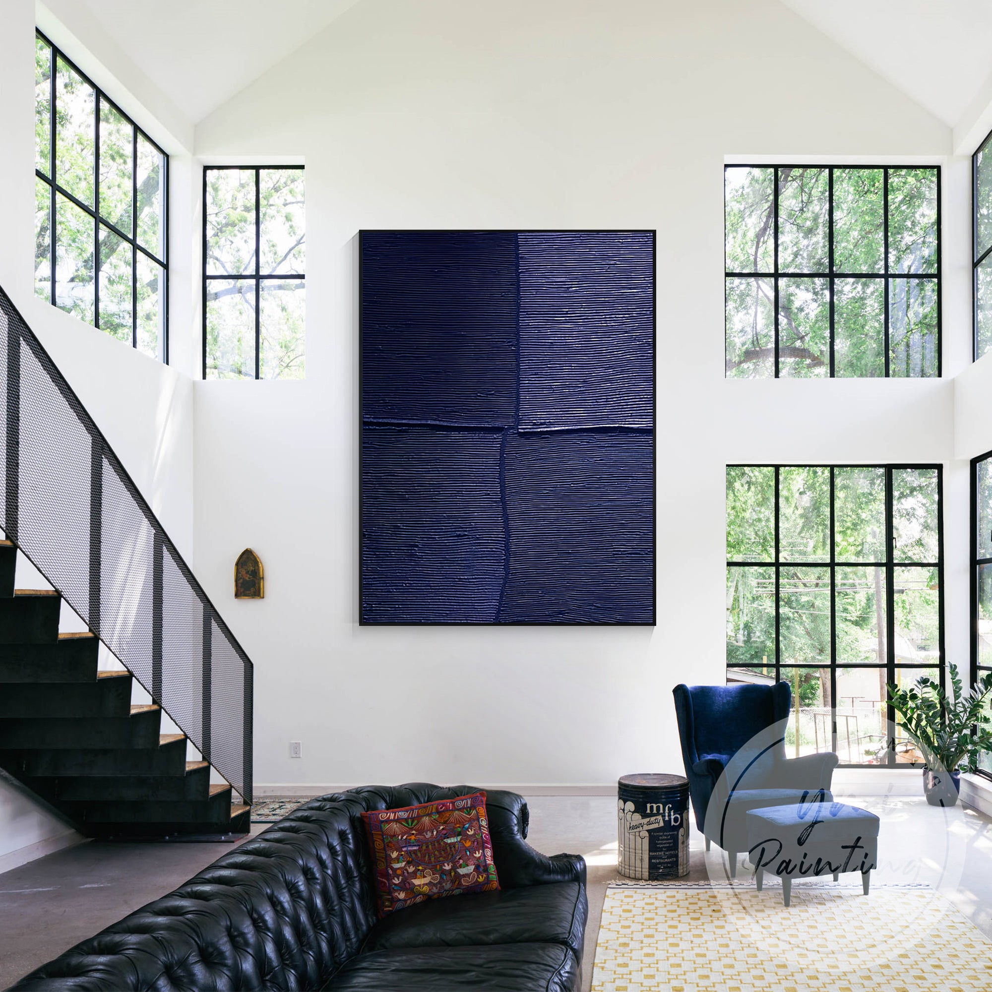 Large abstract geometric canvas artwork in deep blue tones