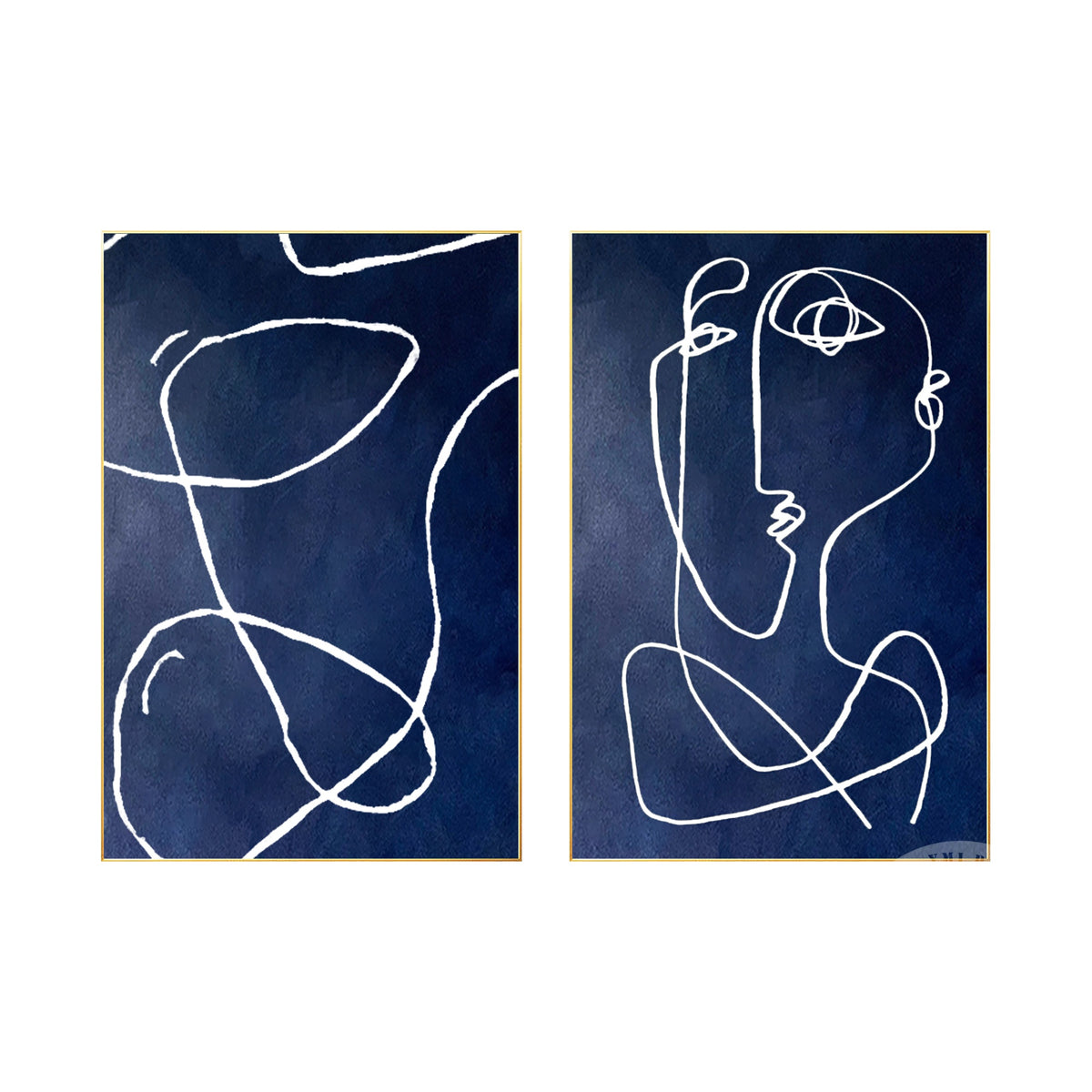 Navy blue abstract line art set of 2 canvas paintings