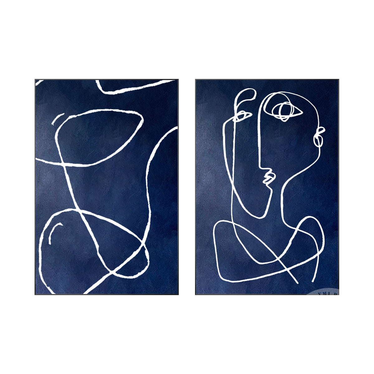 Blue and white minimalist abstract wall art two-piece set