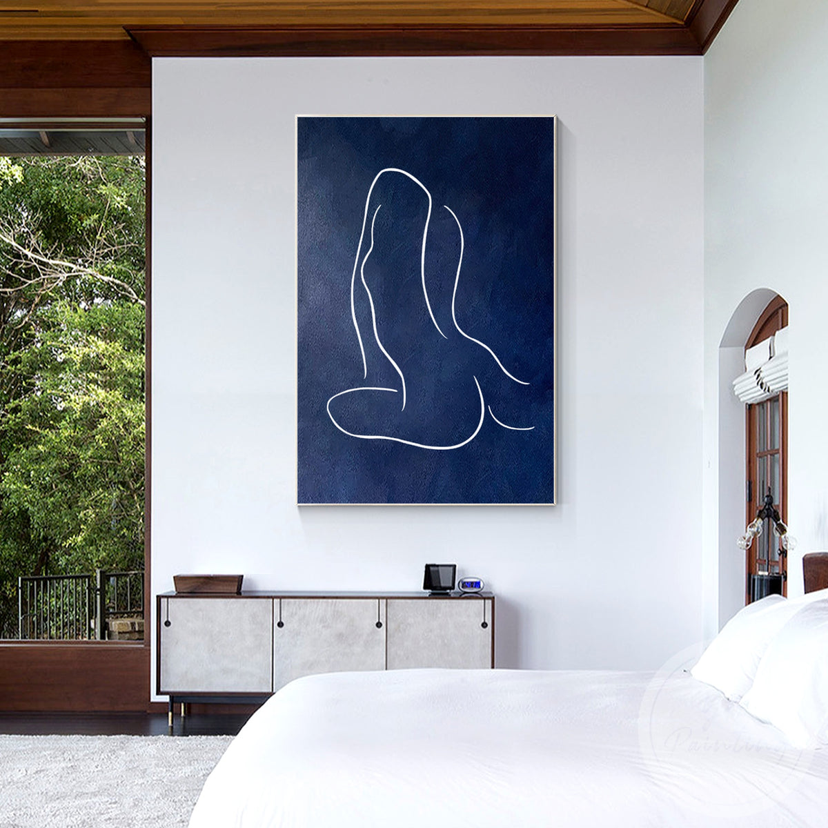 Modern navy blue woman artwork on vertical canvas